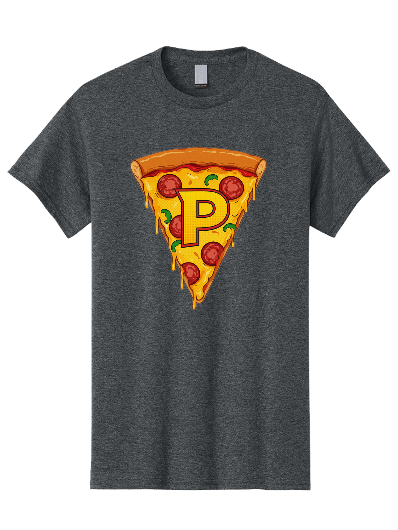 P-Pizza-Slice Men'S Graphic Tee, 100% Cotton, Comfortable Casual Summer Wear, Machine Washable, Pizza Slice, Melted Cheese, Pepperoni Toppings, Green Peppers, Italian Food, Letter P, Cartoon Style, Food Illustration, Cheesy Goodness, Bac206