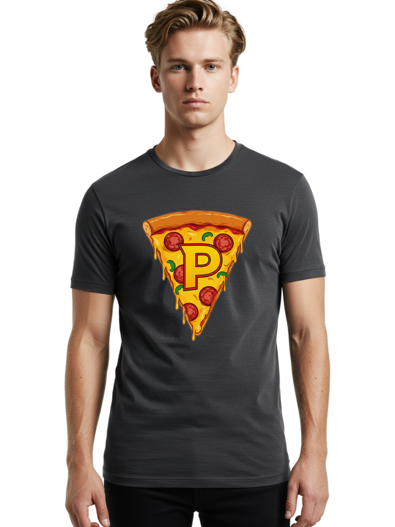 P-Pizza-Slice Men'S Graphic Tee, 100% Cotton, Comfortable Casual Summer Wear, Machine Washable, Pizza Slice, Melted Cheese, Pepperoni Toppings, Green Peppers, Italian Food, Letter P, Cartoon Style, Food Illustration, Cheesy Goodness, Bac206