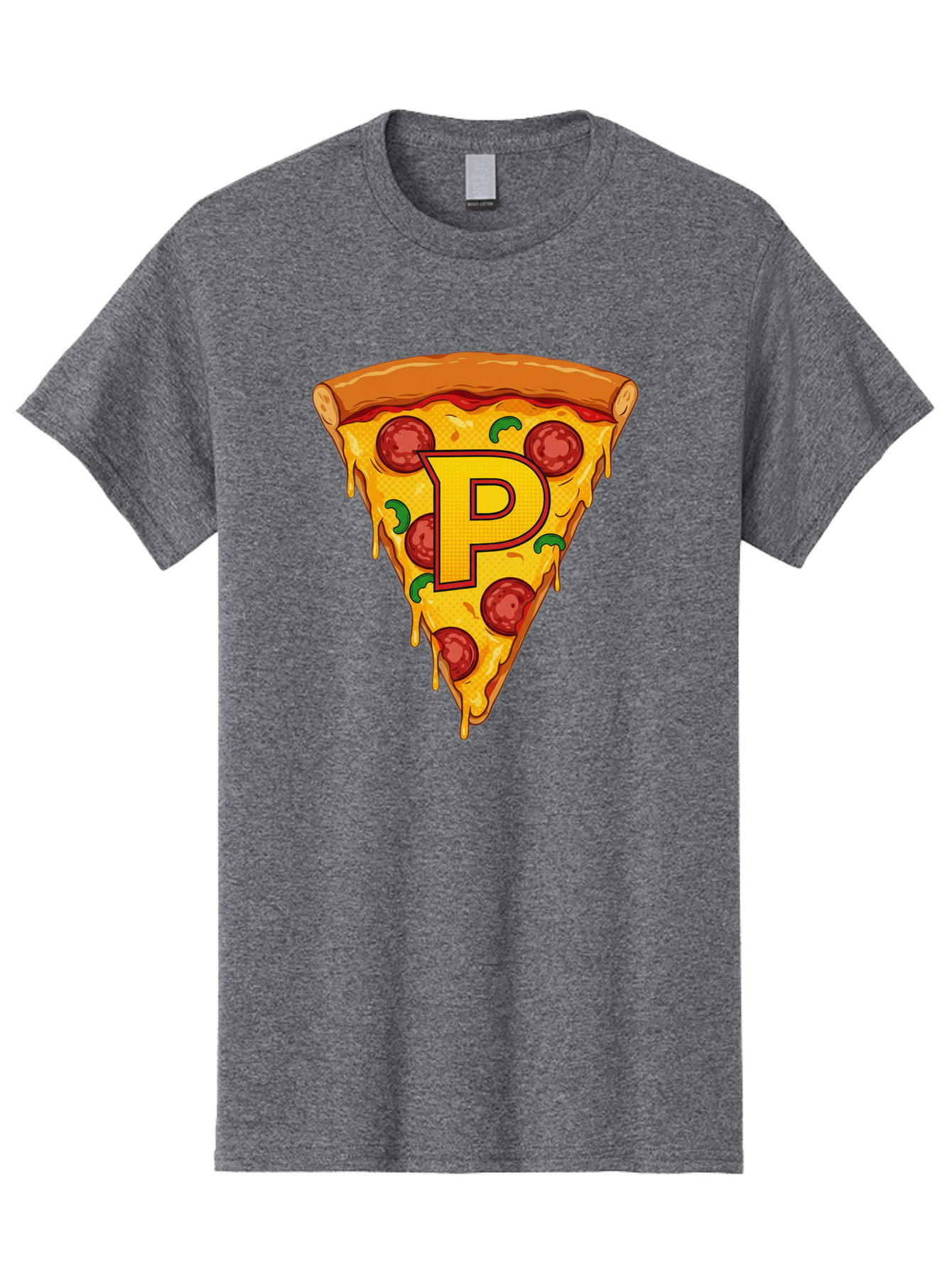 P-Pizza-Slice Men'S Graphic Tee, 100% Cotton, Comfortable Casual Summer Wear, Machine Washable, Pizza Slice, Melted Cheese, Pepperoni Toppings, Green Peppers, Italian Food, Letter P, Cartoon Style, Food Illustration, Cheesy Goodness, Bac206