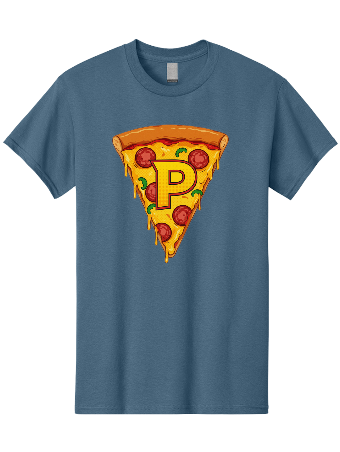 P-Pizza-Slice Men'S Graphic Tee, 100% Cotton, Comfortable Casual Summer Wear, Machine Washable, Pizza Slice, Melted Cheese, Pepperoni Toppings, Green Peppers, Italian Food, Letter P, Cartoon Style, Food Illustration, Cheesy Goodness, Bac206
