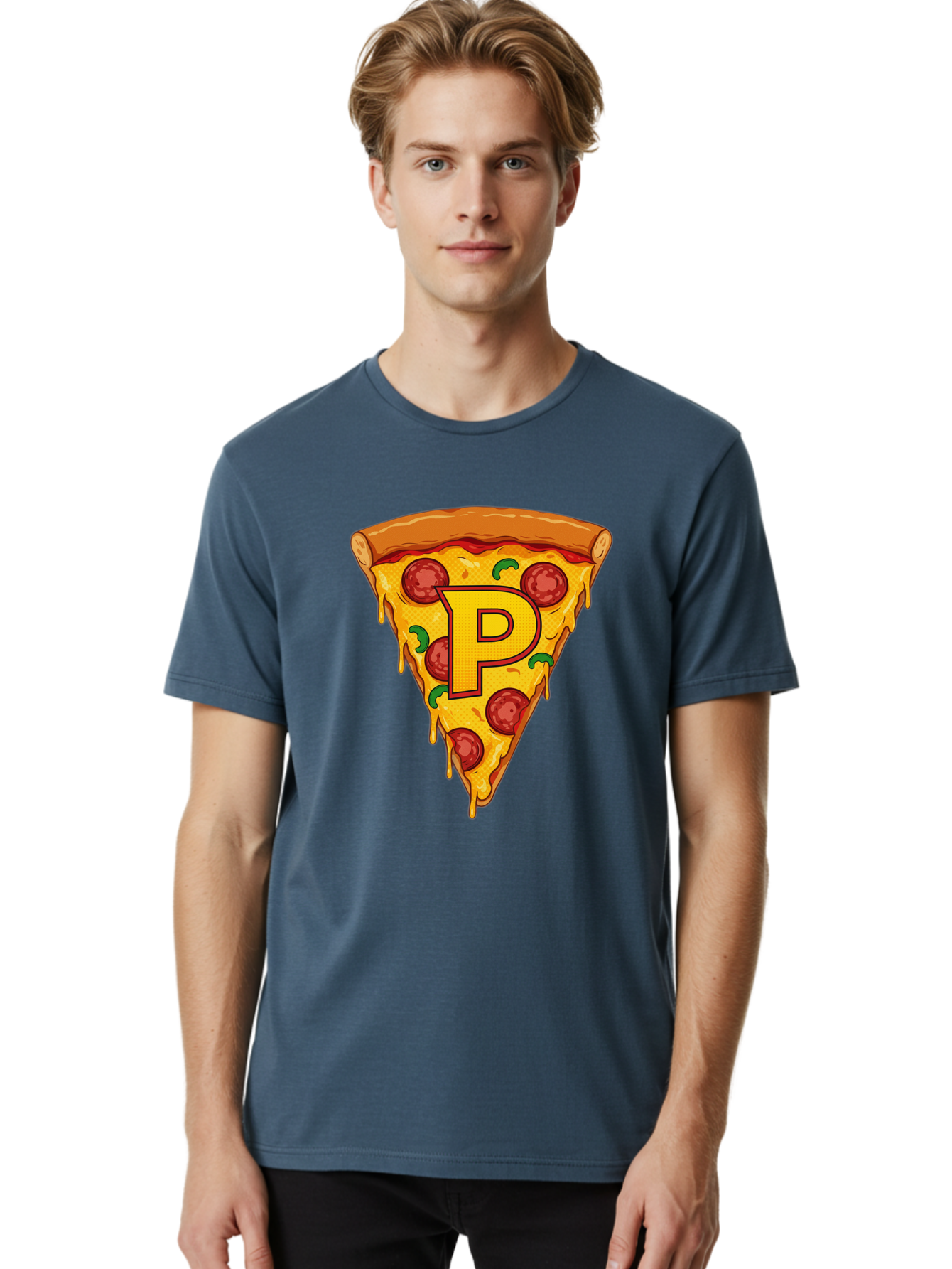 P-Pizza-Slice Men'S Graphic Tee, 100% Cotton, Comfortable Casual Summer Wear, Machine Washable, Pizza Slice, Melted Cheese, Pepperoni Toppings, Green Peppers, Italian Food, Letter P, Cartoon Style, Food Illustration, Cheesy Goodness, Bac206