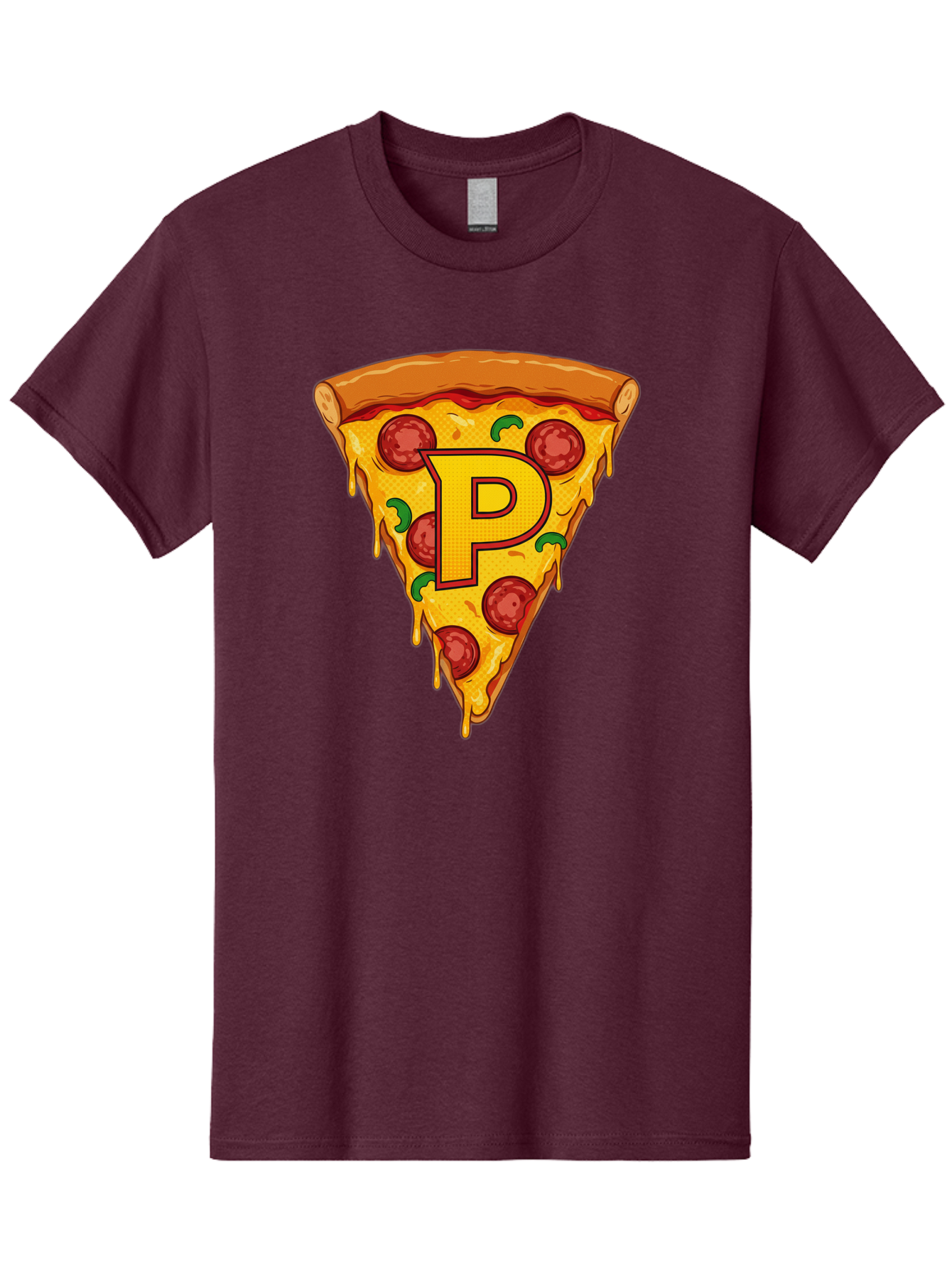 P-Pizza-Slice Men'S Graphic Tee, 100% Cotton, Comfortable Casual Summer Wear, Machine Washable, Pizza Slice, Melted Cheese, Pepperoni Toppings, Green Peppers, Italian Food, Letter P, Cartoon Style, Food Illustration, Cheesy Goodness, Bac206