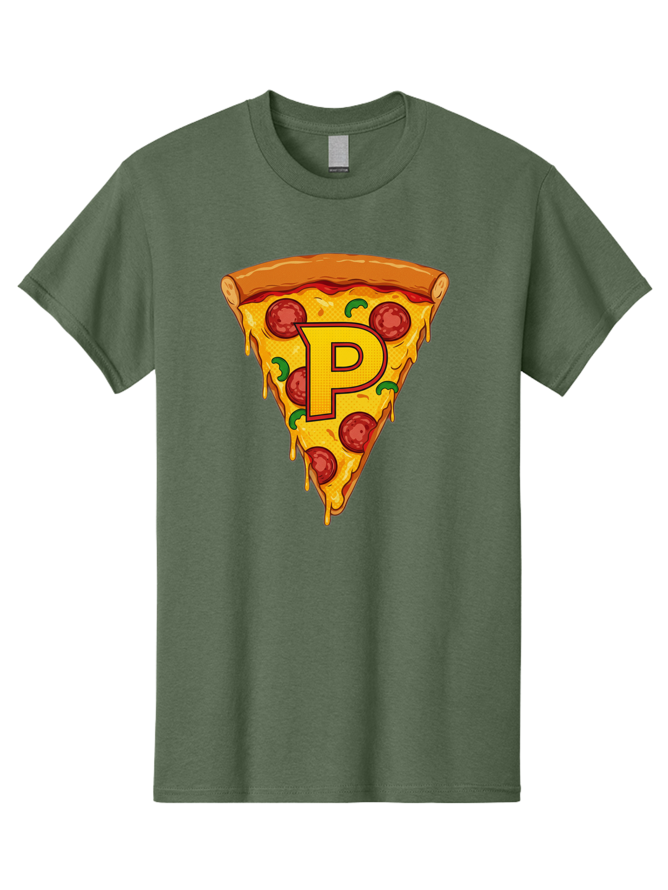 P-Pizza-Slice Men'S Graphic Tee, 100% Cotton, Comfortable Casual Summer Wear, Machine Washable, Pizza Slice, Melted Cheese, Pepperoni Toppings, Green Peppers, Italian Food, Letter P, Cartoon Style, Food Illustration, Cheesy Goodness, Bac206