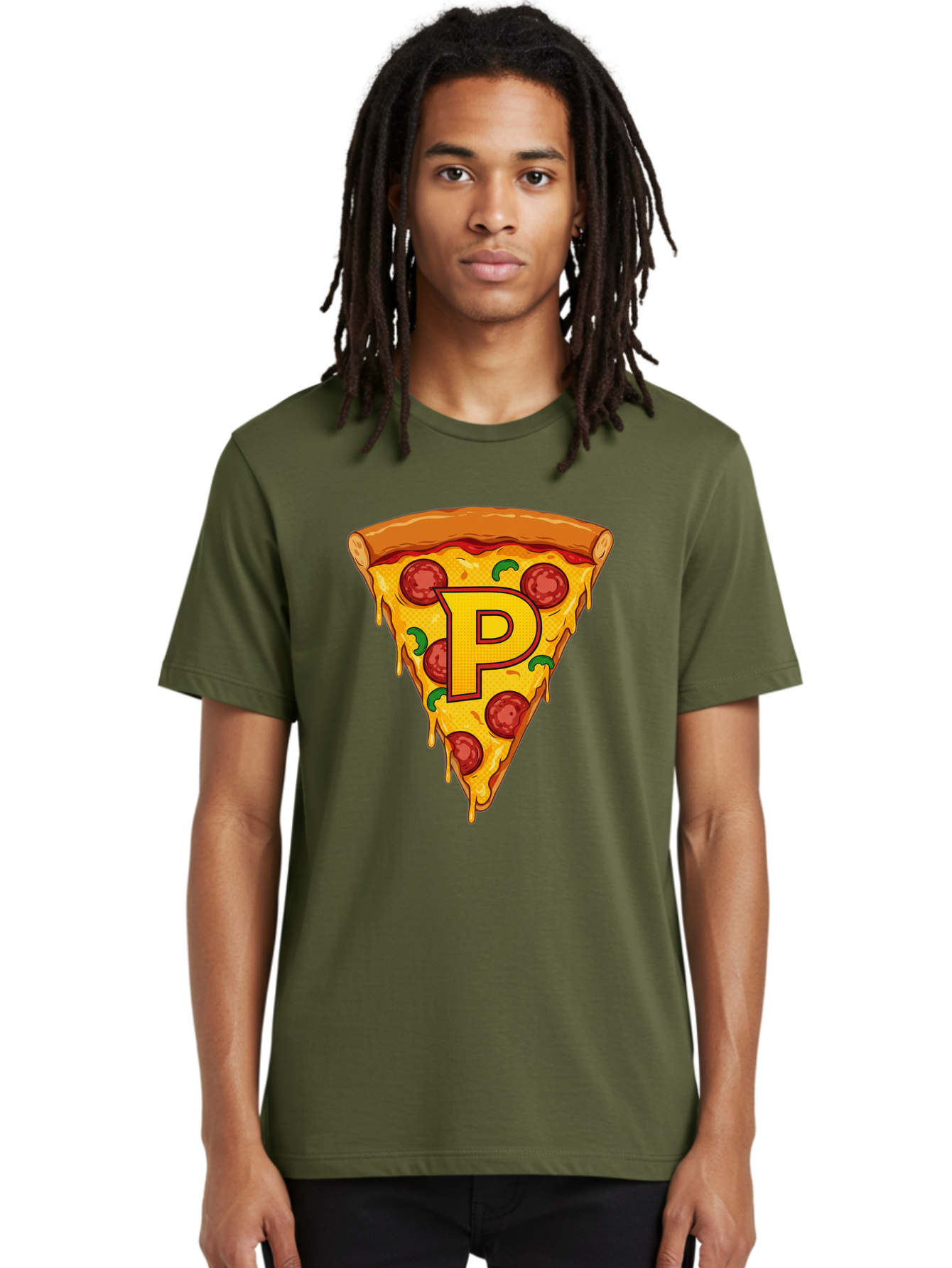 P-Pizza-Slice Men'S Graphic Tee, 100% Cotton, Comfortable Casual Summer Wear, Machine Washable, Pizza Slice, Melted Cheese, Pepperoni Toppings, Green Peppers, Italian Food, Letter P, Cartoon Style, Food Illustration, Cheesy Goodness, Bac206