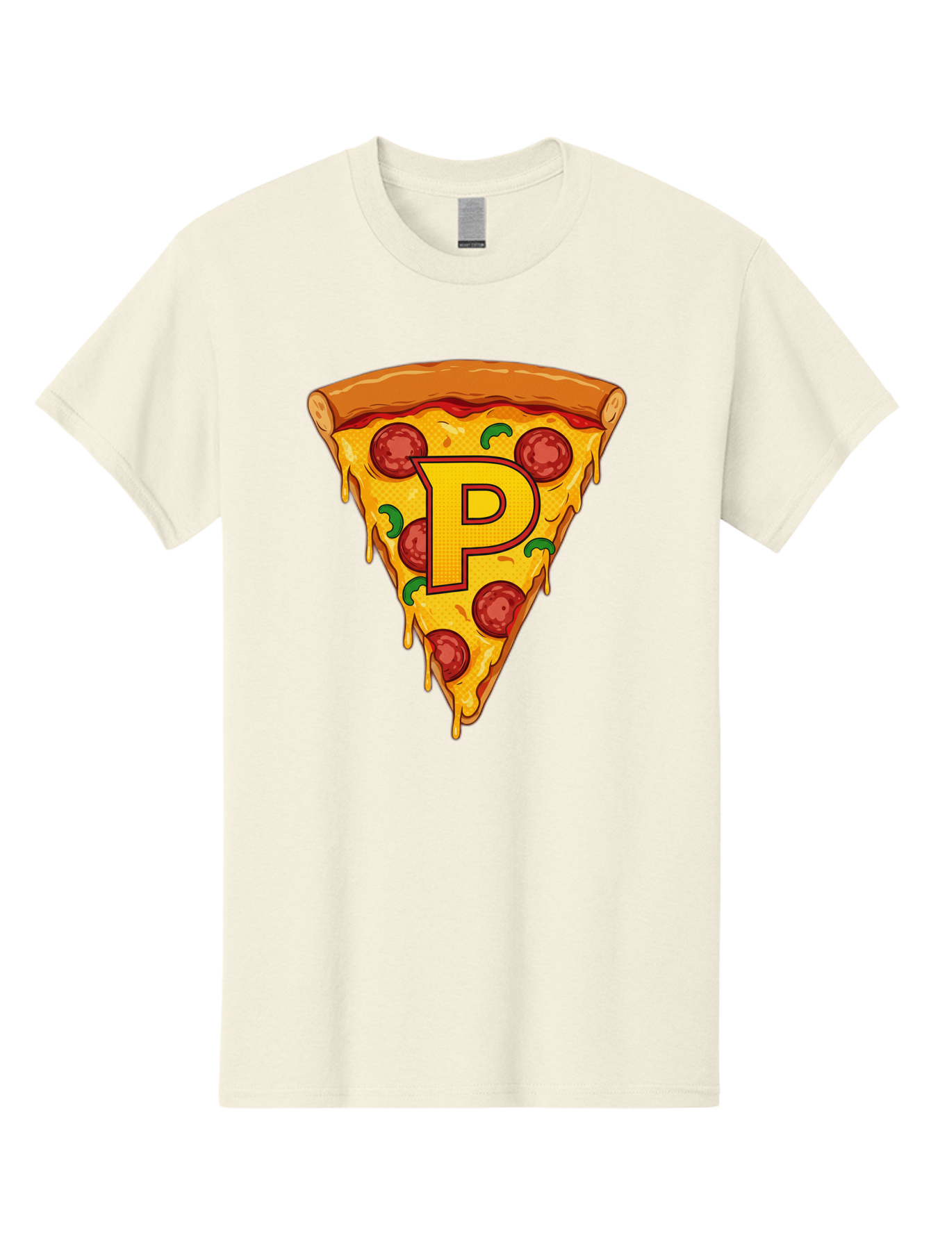 P-Pizza-Slice Men'S Graphic Tee, 100% Cotton, Comfortable Casual Summer Wear, Machine Washable, Pizza Slice, Melted Cheese, Pepperoni Toppings, Green Peppers, Italian Food, Letter P, Cartoon Style, Food Illustration, Cheesy Goodness, Bac206