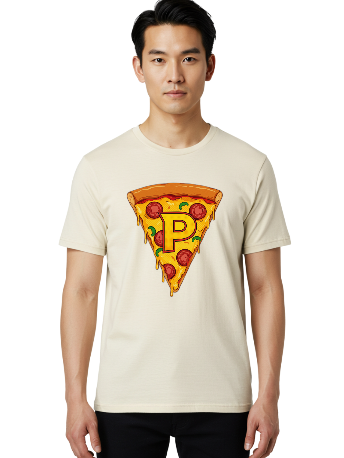 P-Pizza-Slice Men'S Graphic Tee, 100% Cotton, Comfortable Casual Summer Wear, Machine Washable, Pizza Slice, Melted Cheese, Pepperoni Toppings, Green Peppers, Italian Food, Letter P, Cartoon Style, Food Illustration, Cheesy Goodness, Bac206