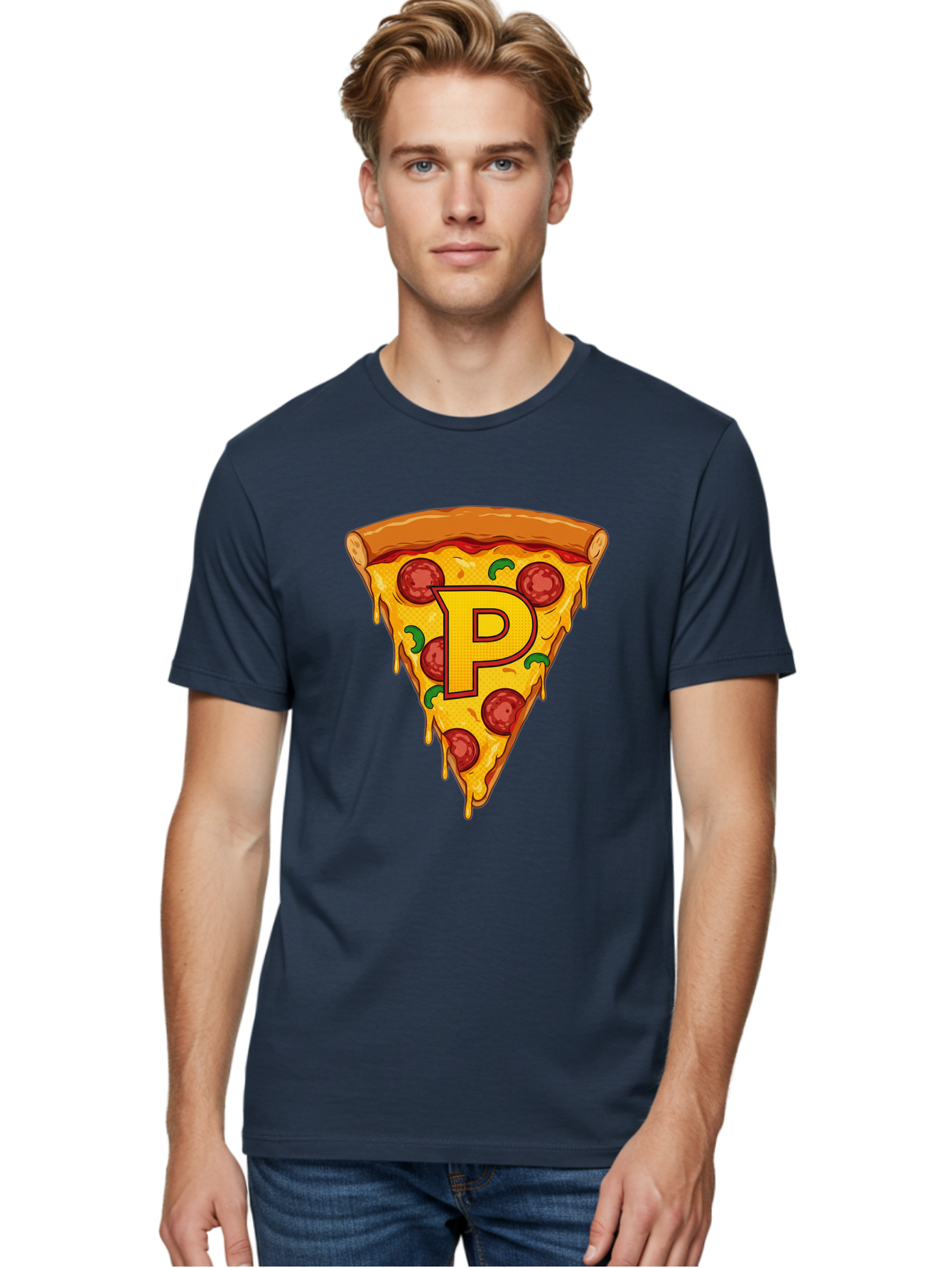 P-Pizza-Slice Men'S Graphic Tee, 100% Cotton, Comfortable Casual Summer Wear, Machine Washable, Pizza Slice, Melted Cheese, Pepperoni Toppings, Green Peppers, Italian Food, Letter P, Cartoon Style, Food Illustration, Cheesy Goodness, Bac206