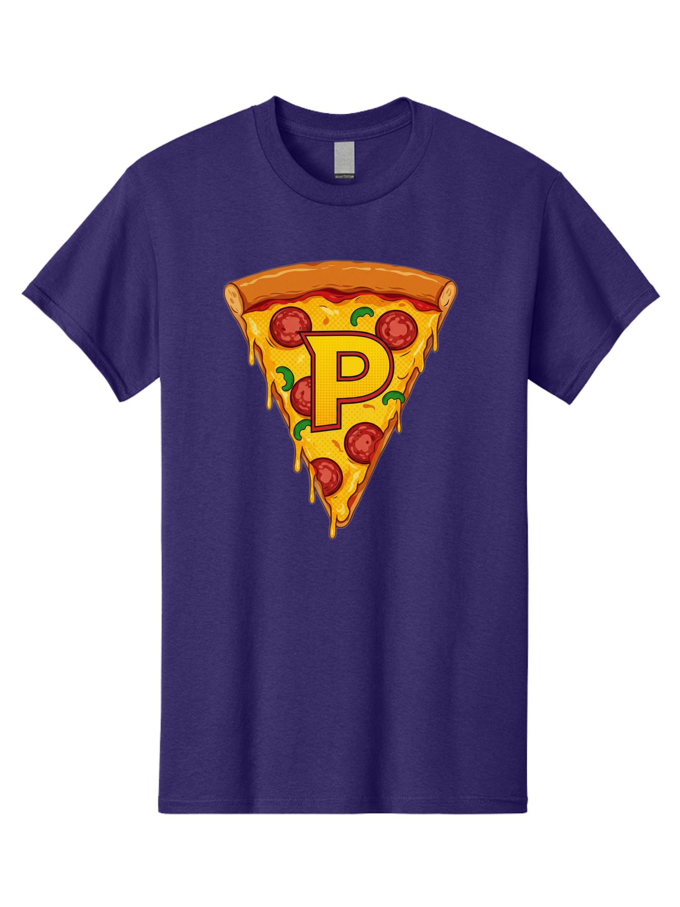 P-Pizza-Slice Men'S Graphic Tee, 100% Cotton, Comfortable Casual Summer Wear, Machine Washable, Pizza Slice, Melted Cheese, Pepperoni Toppings, Green Peppers, Italian Food, Letter P, Cartoon Style, Food Illustration, Cheesy Goodness, Bac206