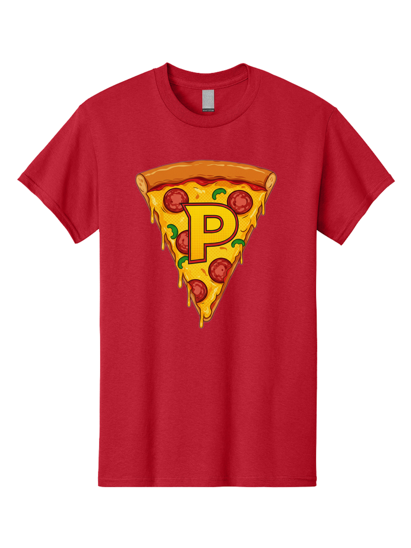 P-Pizza-Slice Men'S Graphic Tee, 100% Cotton, Comfortable Casual Summer Wear, Machine Washable, Pizza Slice, Melted Cheese, Pepperoni Toppings, Green Peppers, Italian Food, Letter P, Cartoon Style, Food Illustration, Cheesy Goodness, Bac206