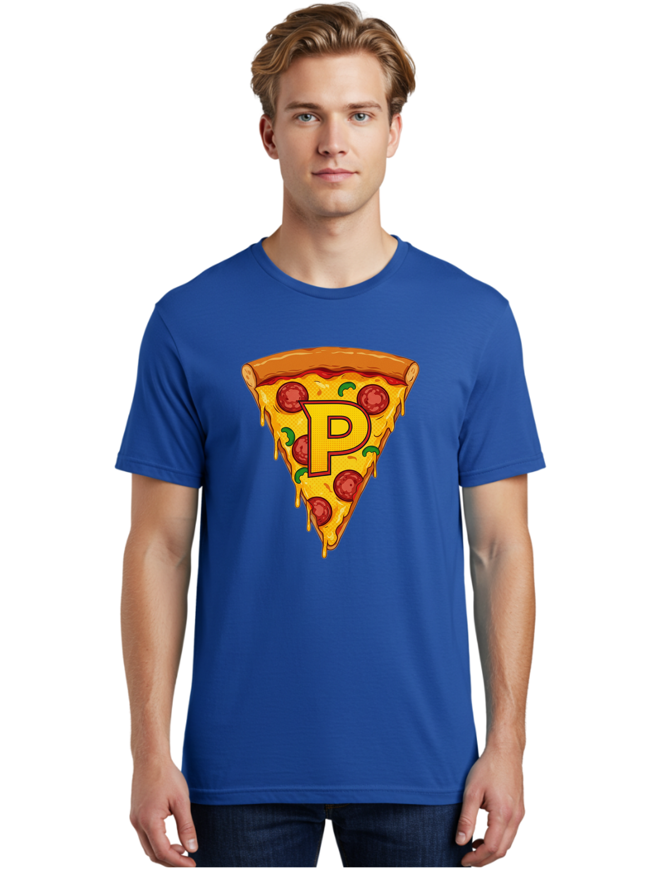 P-Pizza-Slice Men'S Graphic Tee, 100% Cotton, Comfortable Casual Summer Wear, Machine Washable, Pizza Slice, Melted Cheese, Pepperoni Toppings, Green Peppers, Italian Food, Letter P, Cartoon Style, Food Illustration, Cheesy Goodness, Bac206