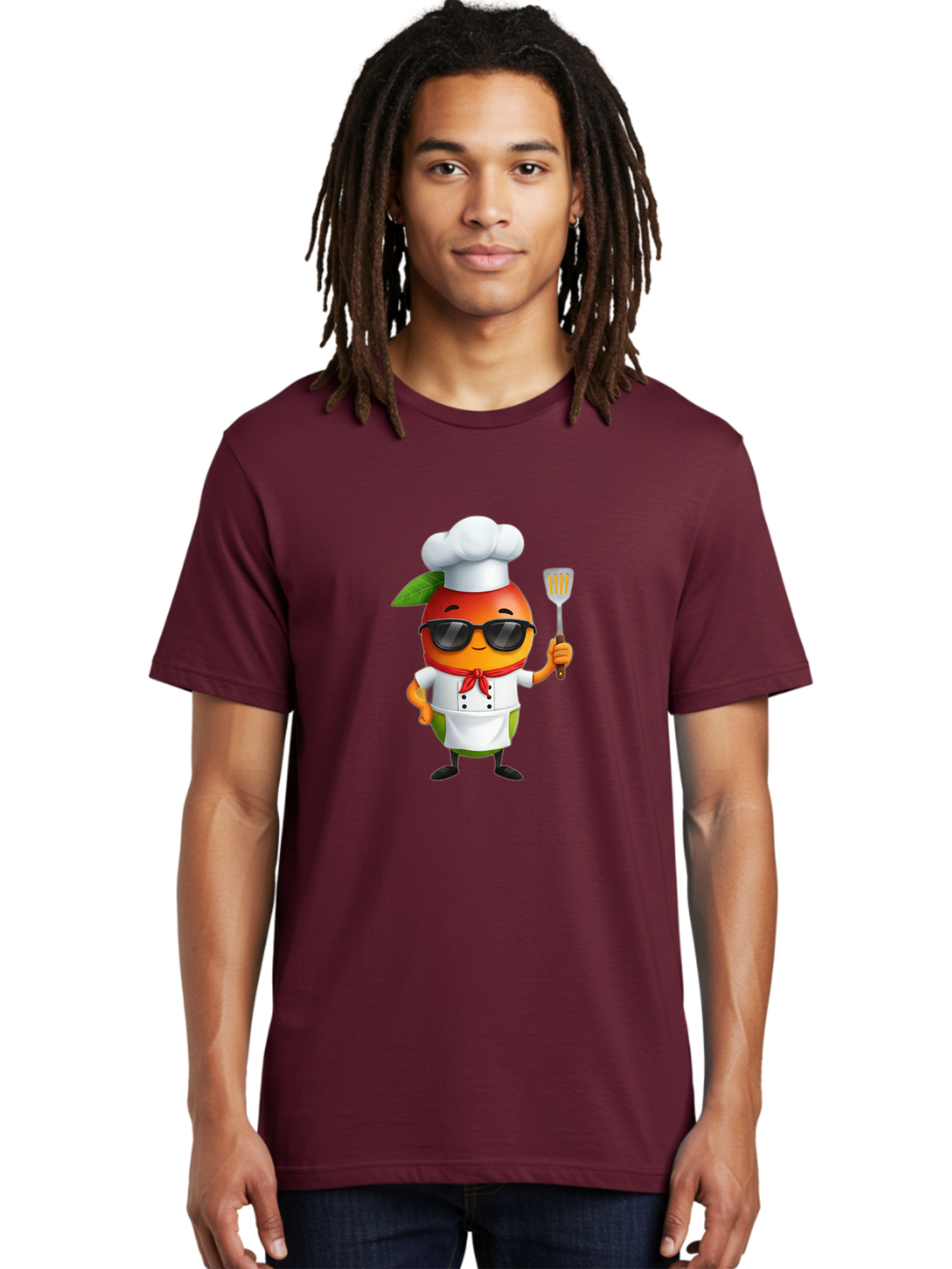 Papaya-Chef Men'S Graphic Tee, 100% Cotton, Comfortable Casual Summer Wear, Machine Washable, Cartoon Papaya, Chef Character, Cooking Illustration, Fun Kitchen, Papaya Mascot, Chef Hat, Sunglasses, Red Bandana, Kitchen Utensils, Bac208