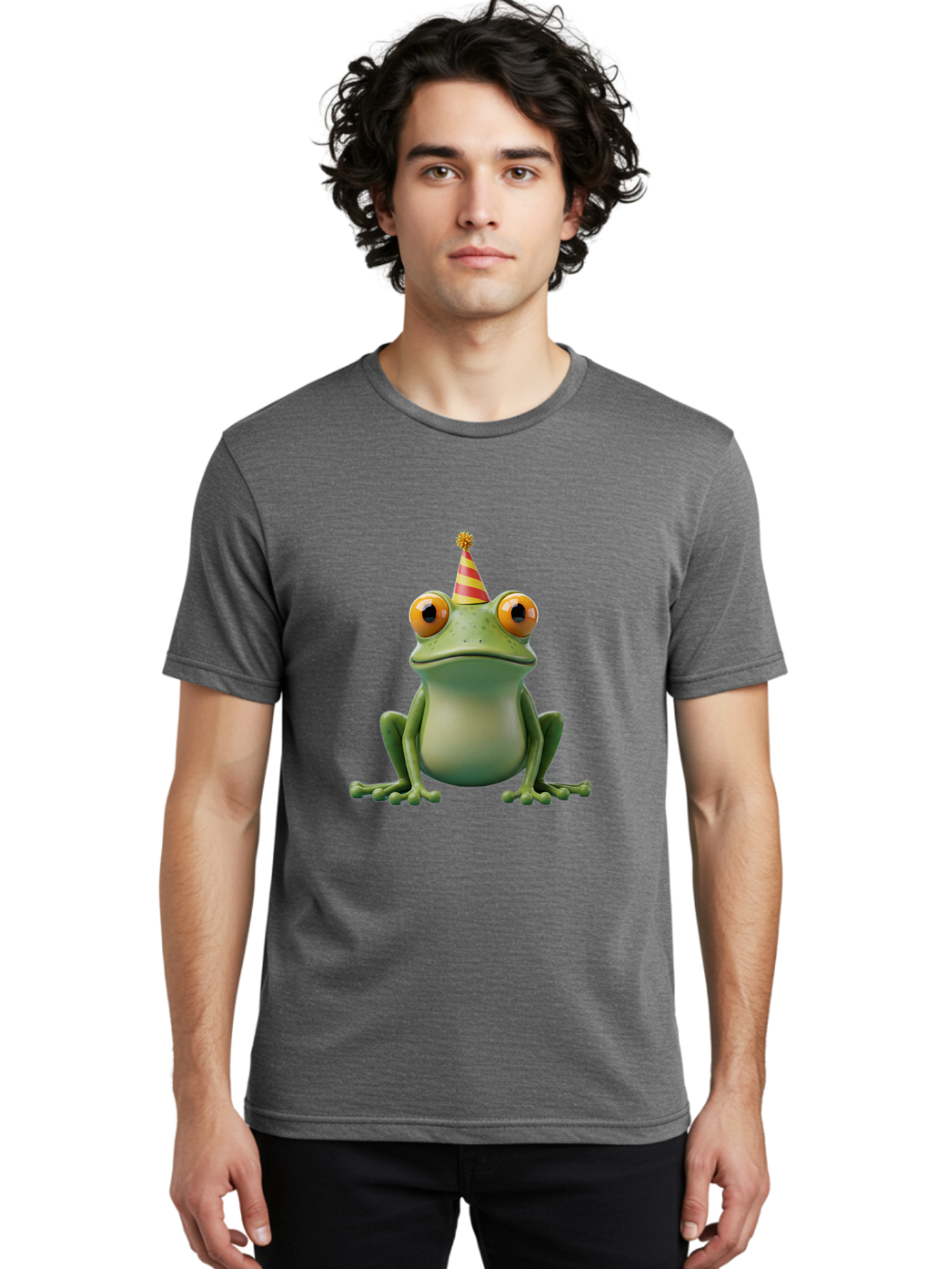 Party-Frog-1 Men'S Graphic Tee, 100% Cotton, Comfortable Casual Summer Wear, Machine Washable, Funny Frog, Cartoon Character, Party Hat, Celebration Theme, Festive Atmosphere, Birthday Party, Humorous Illustration, 3D Rendering, Comical Eyes Bac209