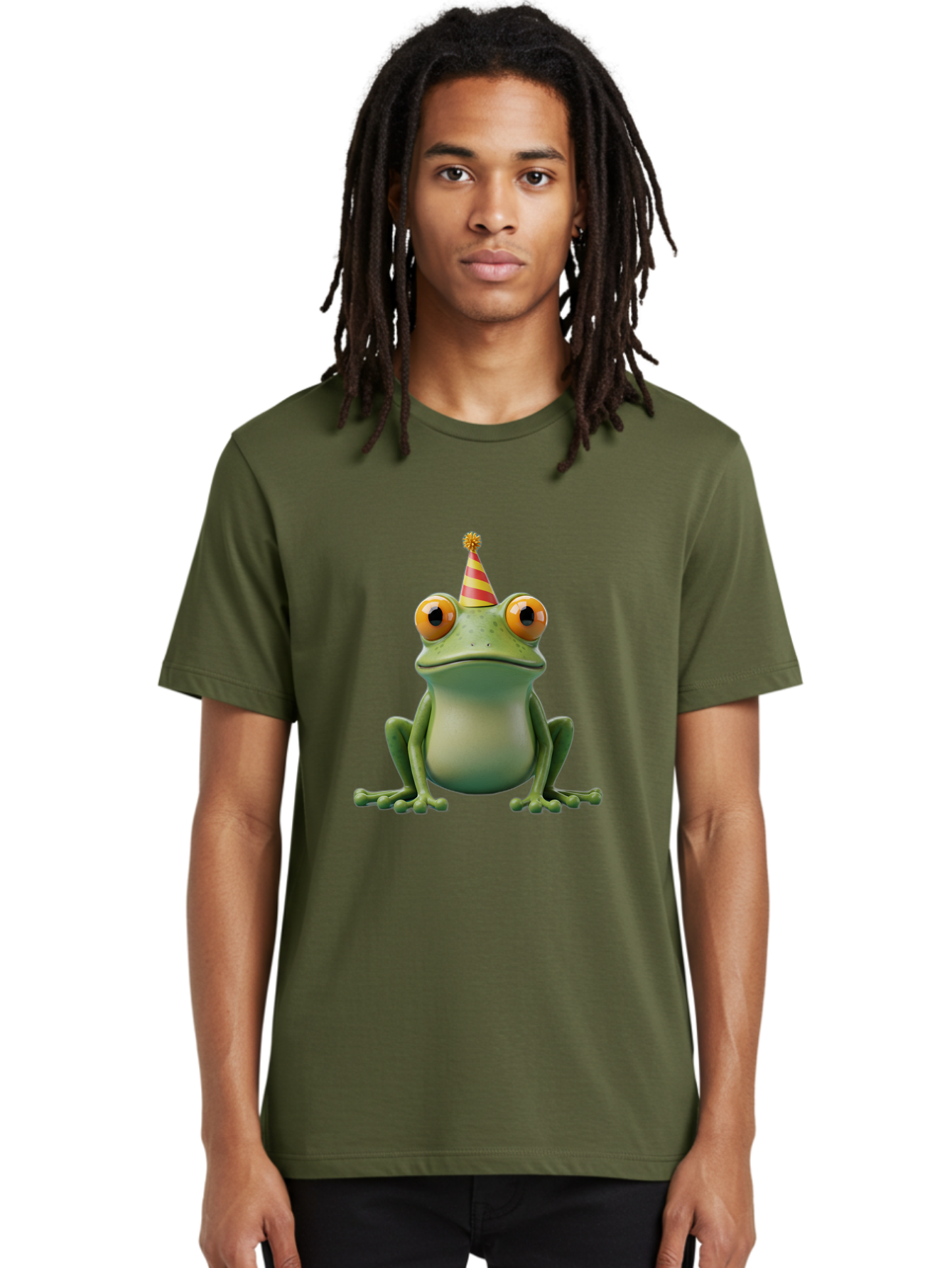 Party-Frog-1 Men'S Graphic Tee, 100% Cotton, Comfortable Casual Summer Wear, Machine Washable, Funny Frog, Cartoon Character, Party Hat, Celebration Theme, Festive Atmosphere, Birthday Party, Humorous Illustration, 3D Rendering, Comical Eyes Bac209