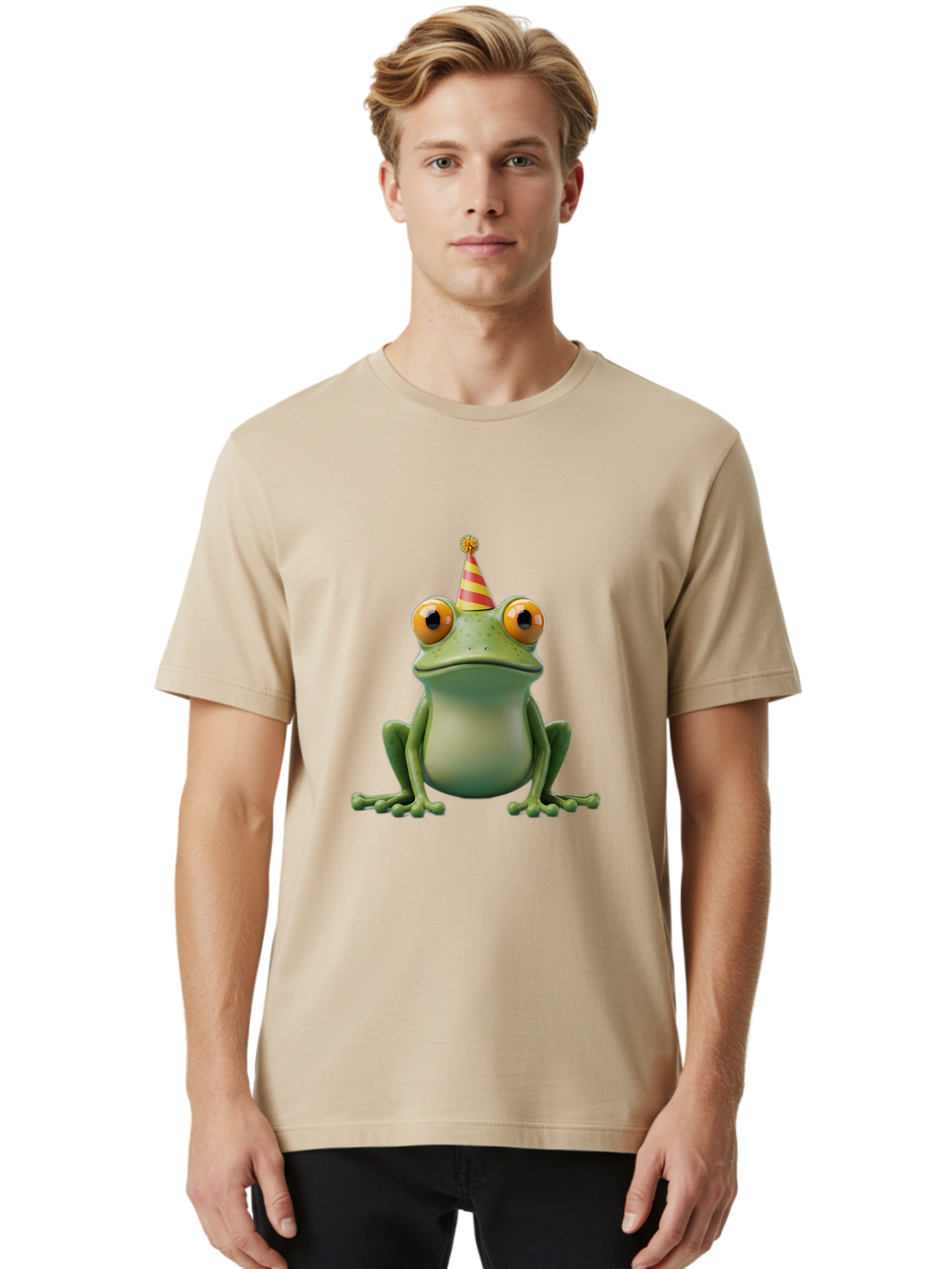 Party-Frog-1 Men'S Graphic Tee, 100% Cotton, Comfortable Casual Summer Wear, Machine Washable, Funny Frog, Cartoon Character, Party Hat, Celebration Theme, Festive Atmosphere, Birthday Party, Humorous Illustration, 3D Rendering, Comical Eyes Bac209