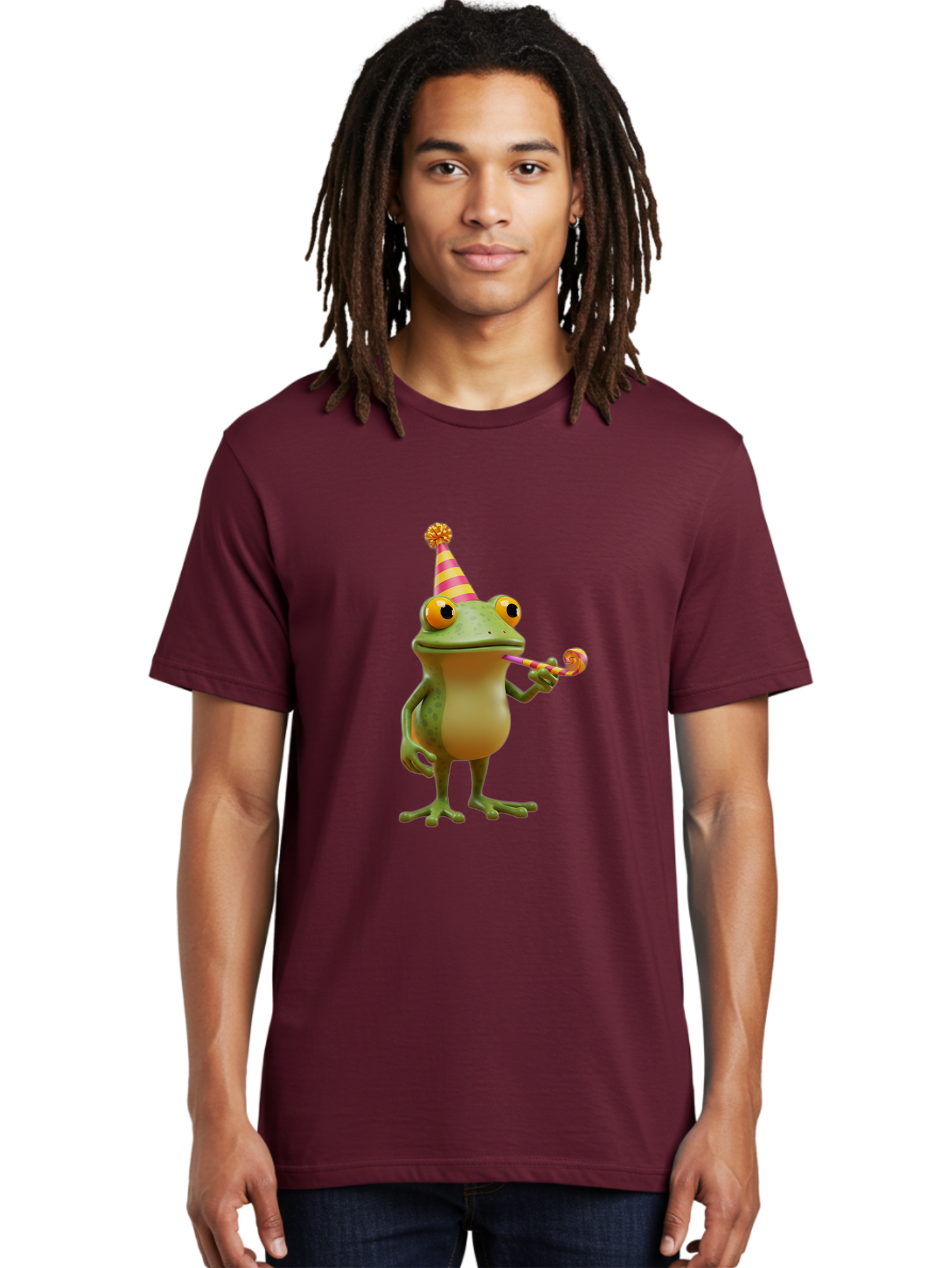 Party-Frog-2 Men'S Graphic Tee, 100% Cotton, Comfortable Casual Summer Wear, Machine Washable, Funny Cartoon Frog, Party Hat, Blowout Noise Maker, Playful Gesture, Whimsical Character, Vibrant Colors, Celebratory Mood, Comical Image, Bac210