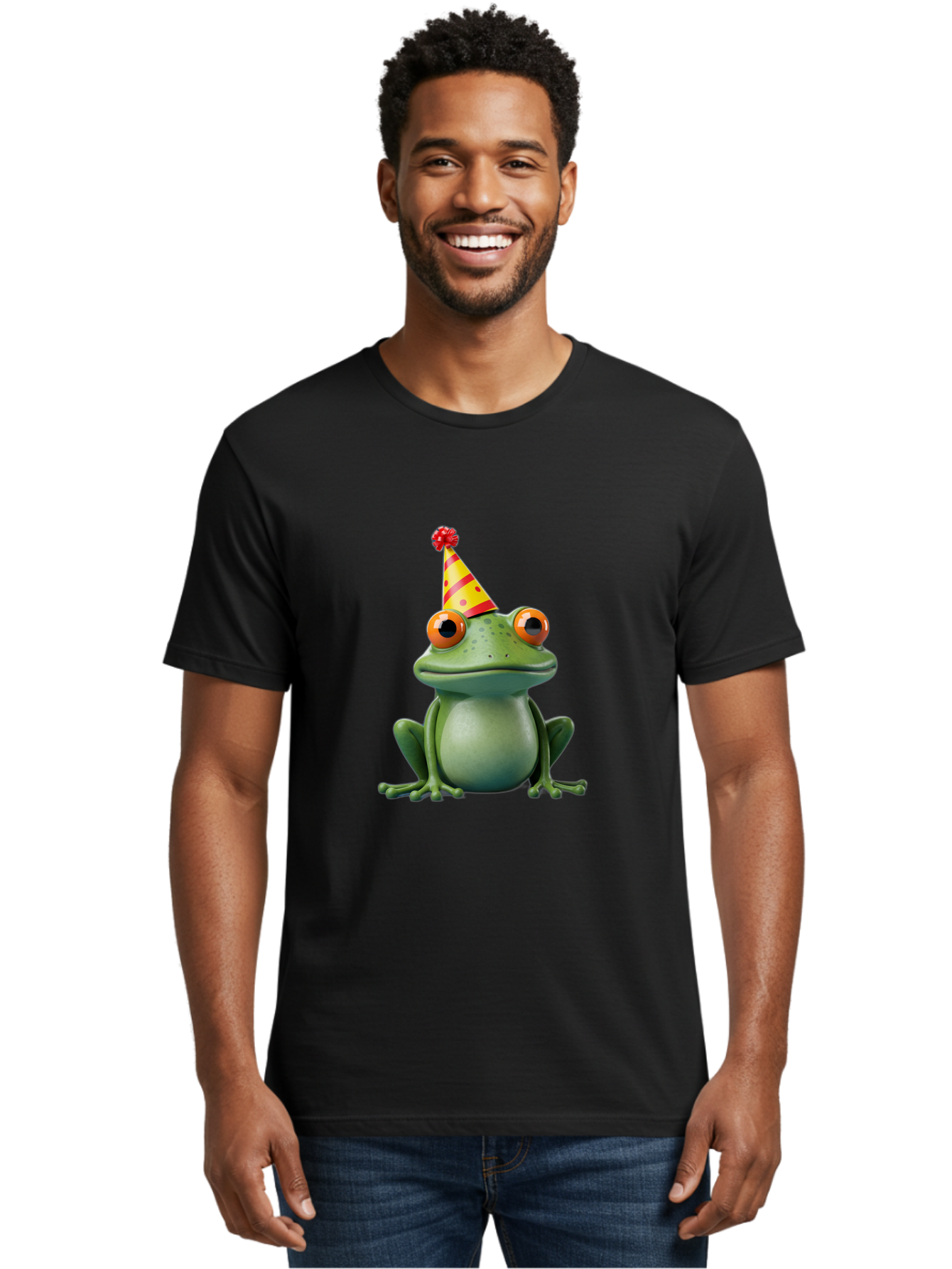 Party-Frog-3 Men'S Graphic Tee, 100% Cotton, Comfortable Casual Summer Wear, Machine Washable, Cartoon Frog, Party Hat, Festive Atmosphere, Celebration Mode, Fun And Playful, Vibrant Colors, Happy Mood, 3D Rendering, Humorous Character, Bac211