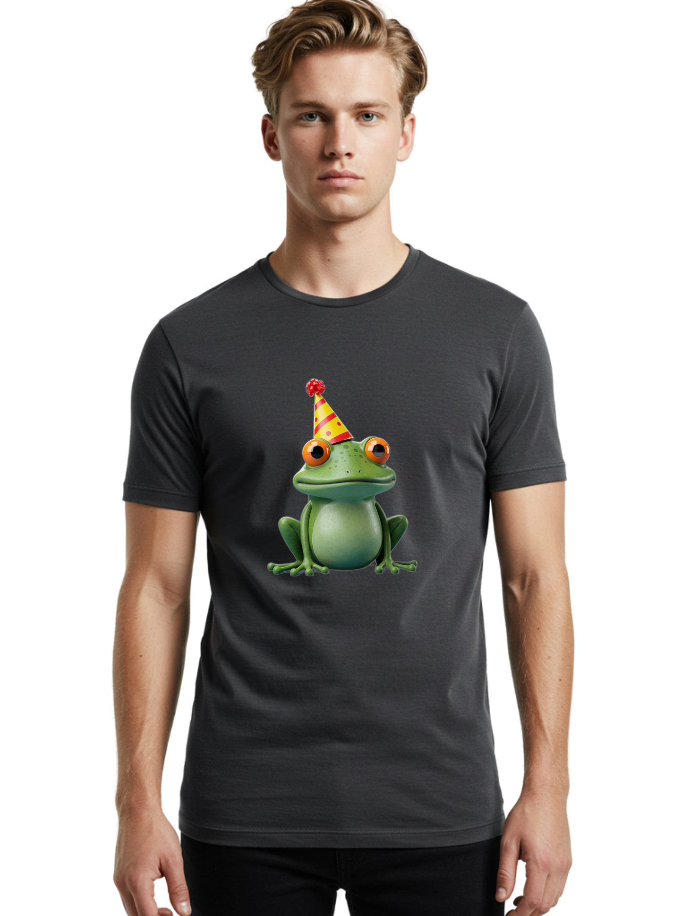 Party-Frog-3 Men'S Graphic Tee, 100% Cotton, Comfortable Casual Summer Wear, Machine Washable, Cartoon Frog, Party Hat, Festive Atmosphere, Celebration Mode, Fun And Playful, Vibrant Colors, Happy Mood, 3D Rendering, Humorous Character, Bac211