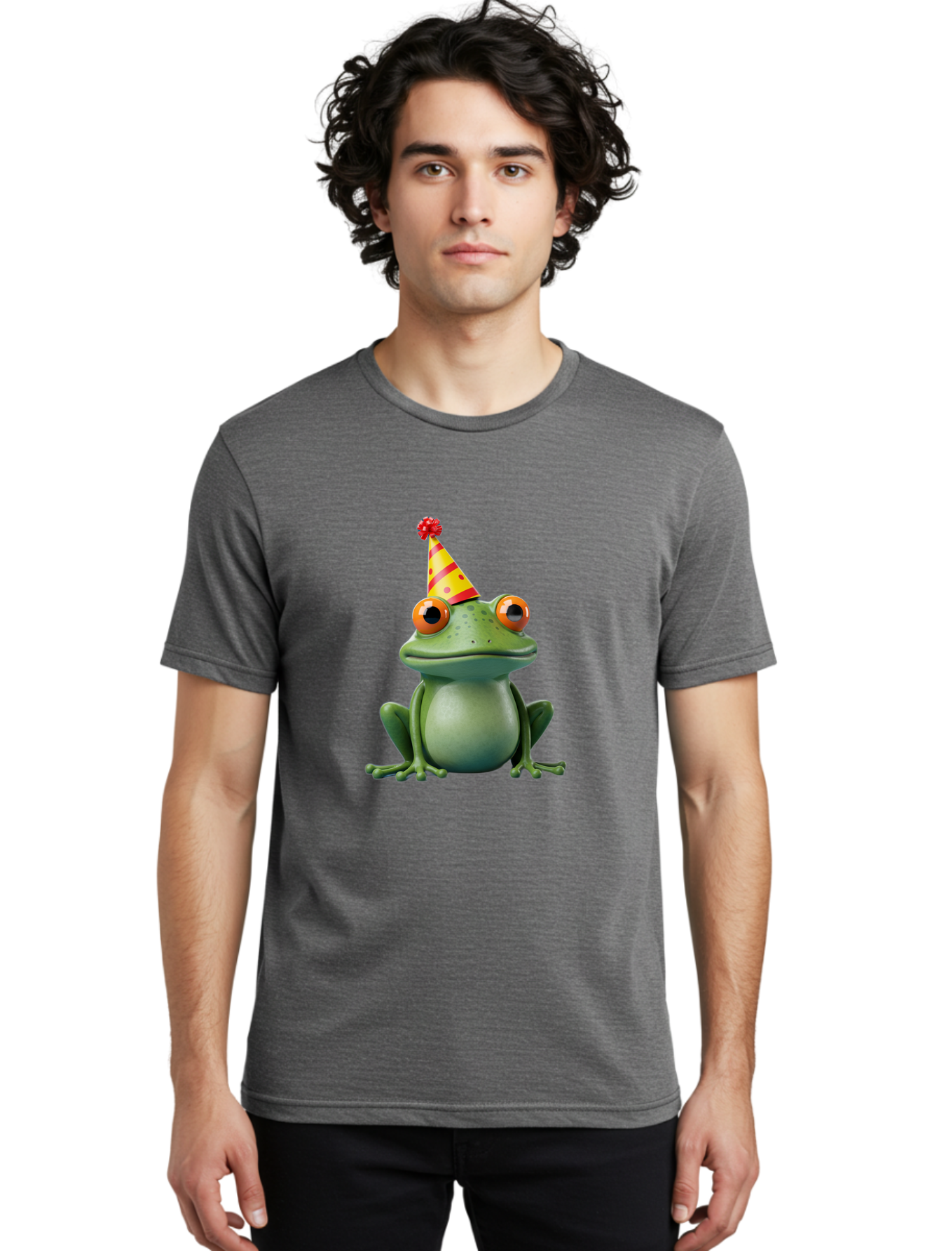 Party-Frog-3 Men'S Graphic Tee, 100% Cotton, Comfortable Casual Summer Wear, Machine Washable, Cartoon Frog, Party Hat, Festive Atmosphere, Celebration Mode, Fun And Playful, Vibrant Colors, Happy Mood, 3D Rendering, Humorous Character, Bac211