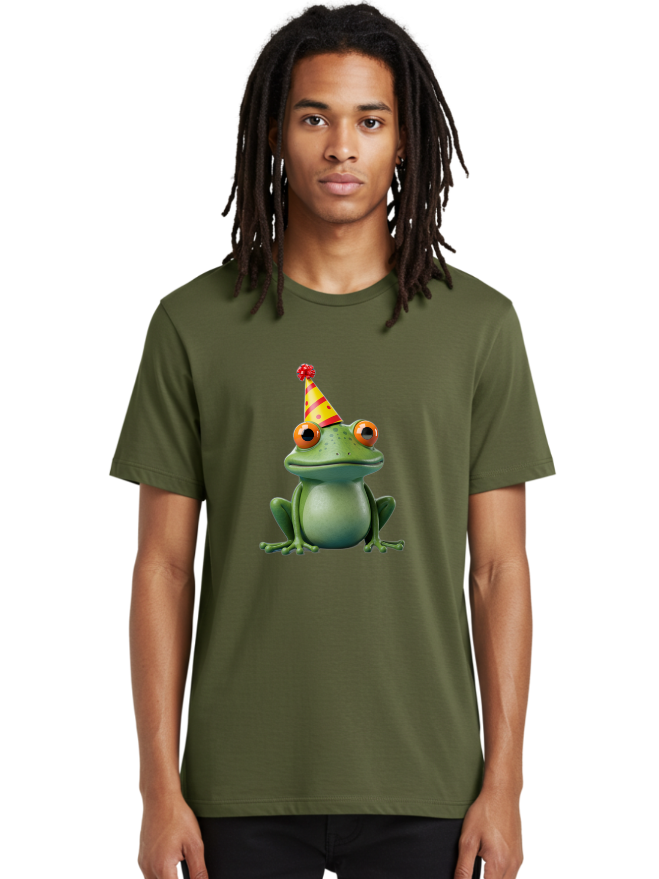 Party-Frog-3 Men'S Graphic Tee, 100% Cotton, Comfortable Casual Summer Wear, Machine Washable, Cartoon Frog, Party Hat, Festive Atmosphere, Celebration Mode, Fun And Playful, Vibrant Colors, Happy Mood, 3D Rendering, Humorous Character, Bac211