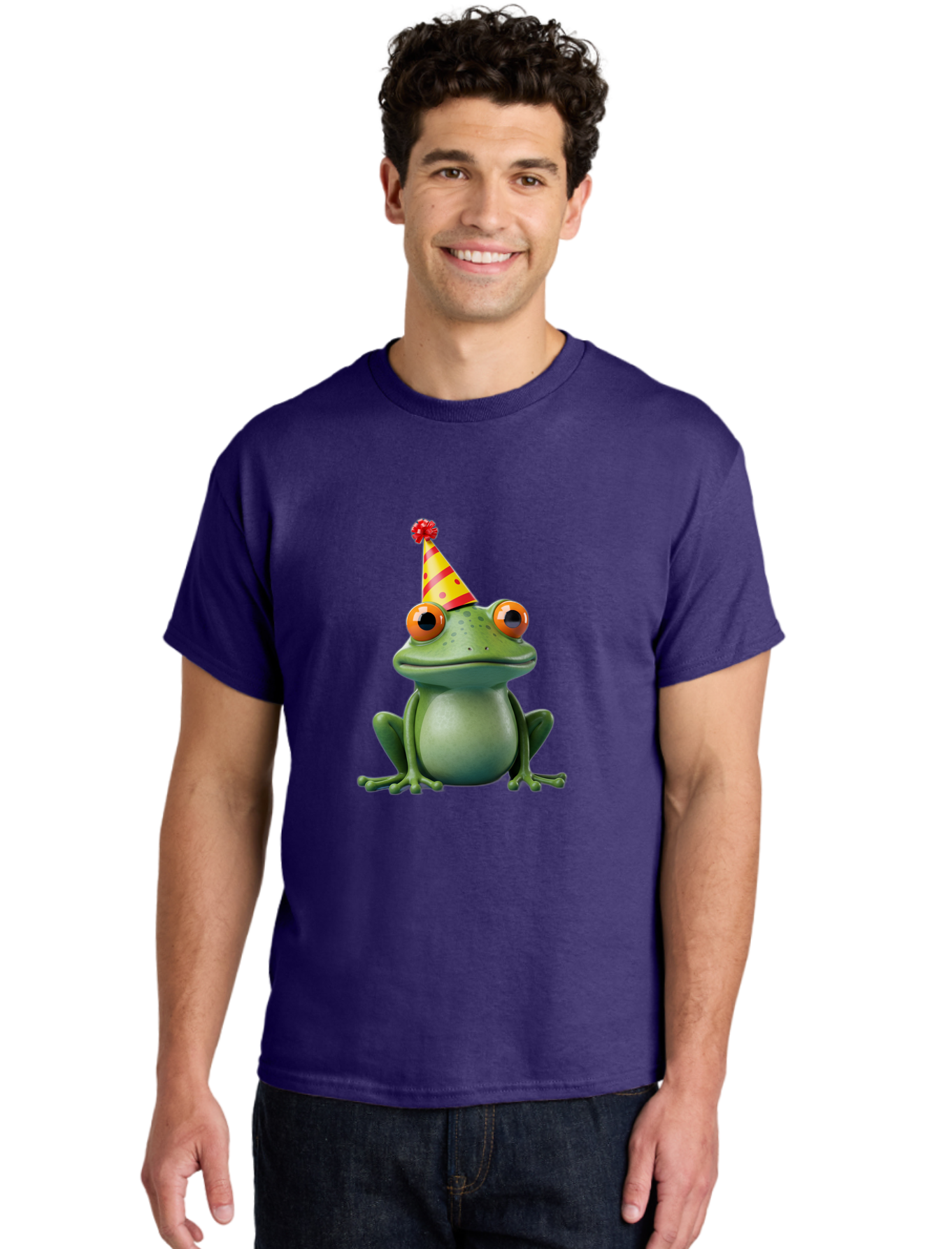 Party-Frog-3 Men'S Graphic Tee, 100% Cotton, Comfortable Casual Summer Wear, Machine Washable, Cartoon Frog, Party Hat, Festive Atmosphere, Celebration Mode, Fun And Playful, Vibrant Colors, Happy Mood, 3D Rendering, Humorous Character, Bac211