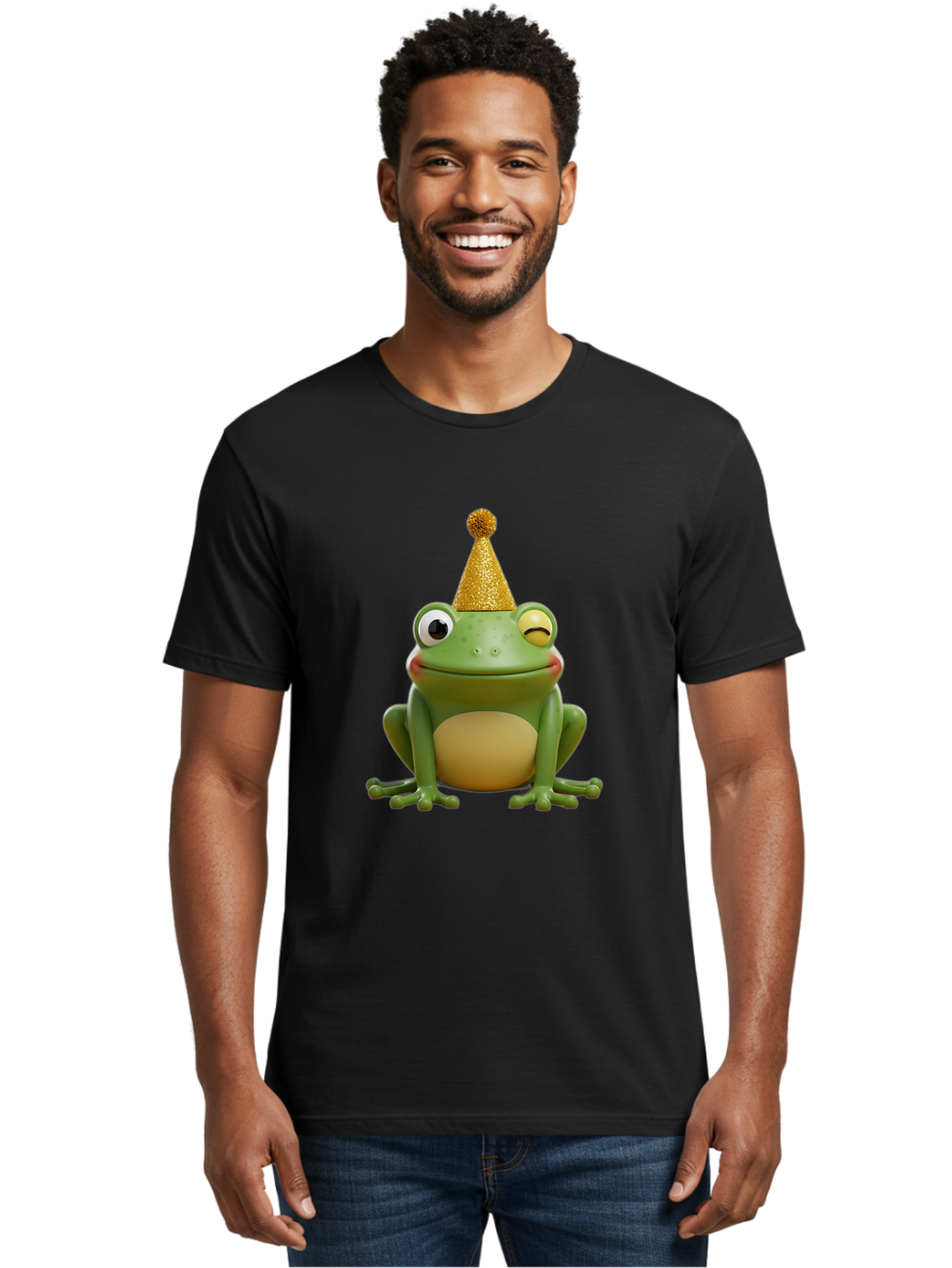Party-Frog-5 Men'S Graphic Tee, 100% Cotton, Comfortable Casual Summer Wear, Machine Washable, Funny Cartoon Frog, Party Hat, Gold Confetti Hat, Celebration, Happiness, Cute Amphibian, Party Animal, Humorous Illustration, Whimsical Design, Bac213