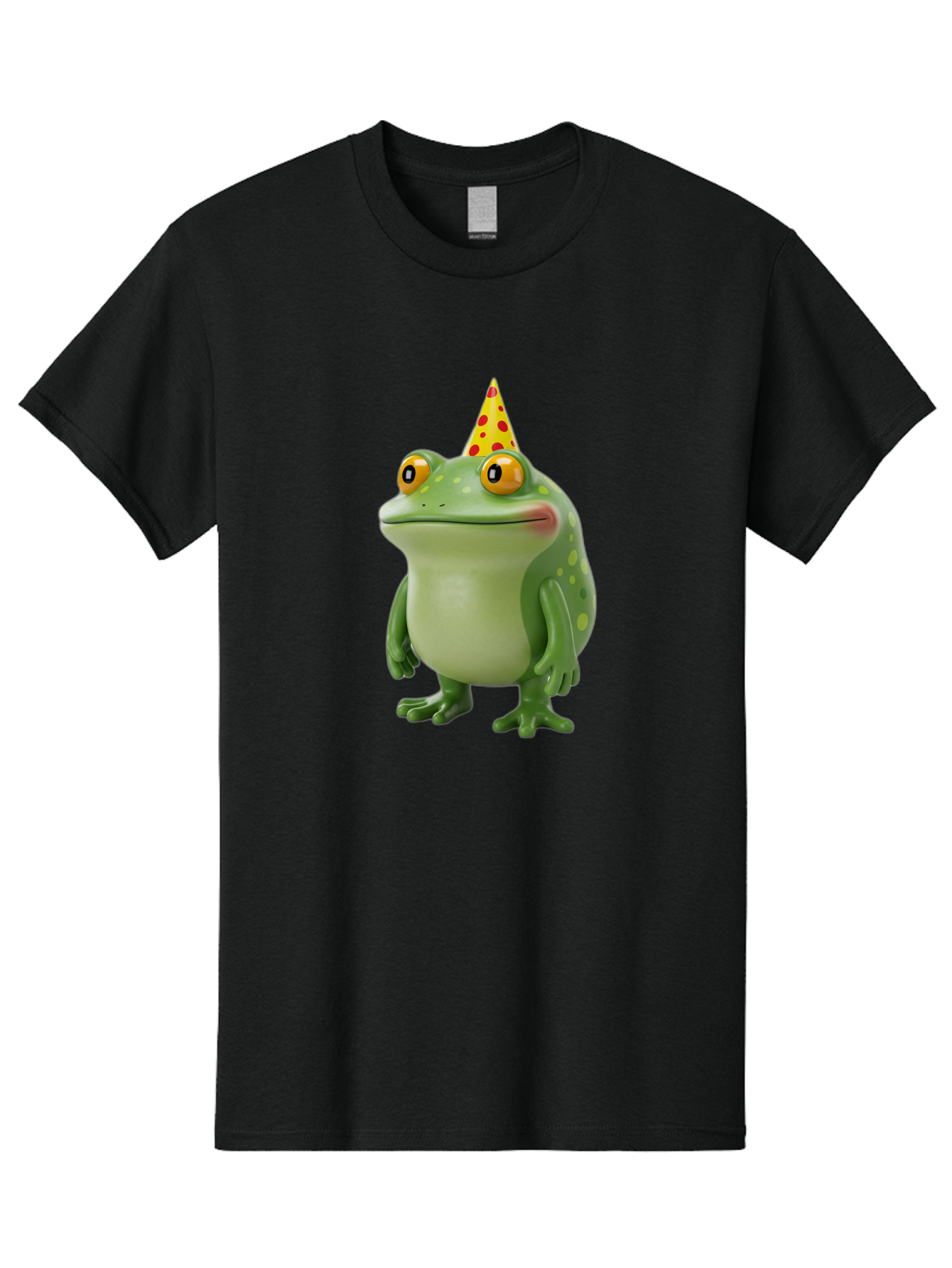 Party-Frog-Hat Men'S Graphic Tee, 100% Cotton, Comfortable Casual Summer Wear, Machine Washable, Cartoon Frog, Birthday Party, Festive Atmosphere, Yellow Party Hat, Red Polka Dots, Large Orange Eyes, Green Amphibian, Fun Celebration, Bac214