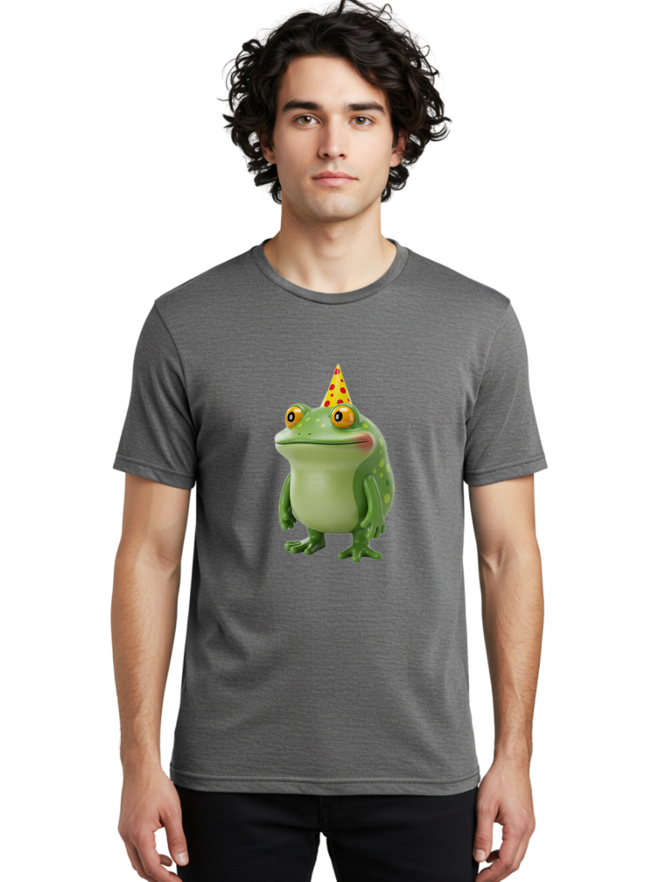 Party-Frog-Hat Men'S Graphic Tee, 100% Cotton, Comfortable Casual Summer Wear, Machine Washable, Cartoon Frog, Birthday Party, Festive Atmosphere, Yellow Party Hat, Red Polka Dots, Large Orange Eyes, Green Amphibian, Fun Celebration, Bac214