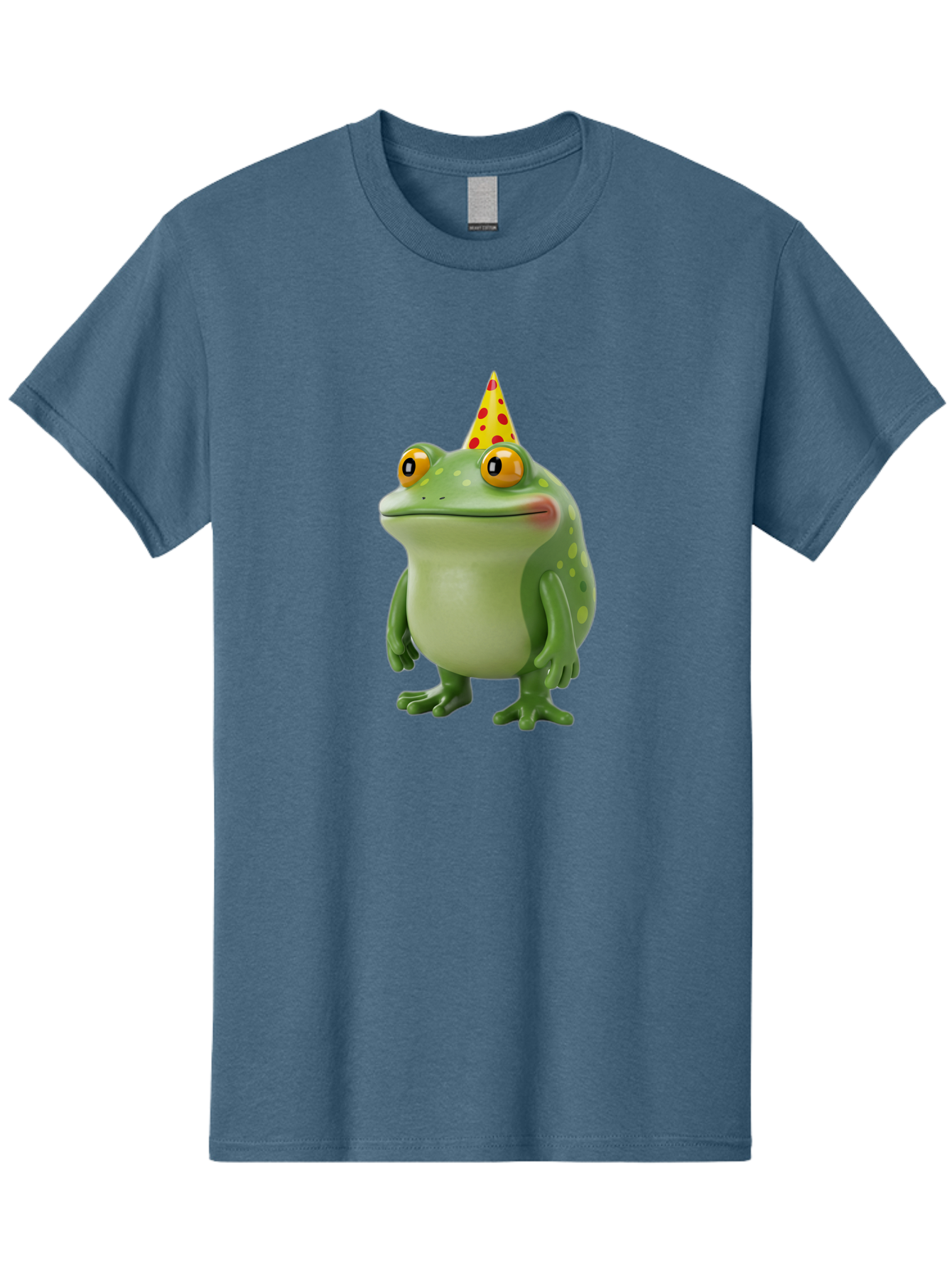 Party-Frog-Hat Men'S Graphic Tee, 100% Cotton, Comfortable Casual Summer Wear, Machine Washable, Cartoon Frog, Birthday Party, Festive Atmosphere, Yellow Party Hat, Red Polka Dots, Large Orange Eyes, Green Amphibian, Fun Celebration, Bac214