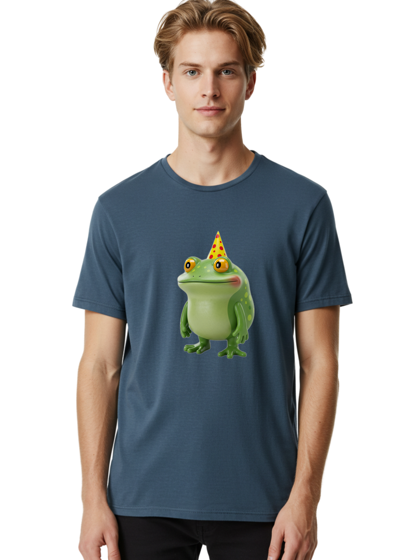 Party-Frog-Hat Men'S Graphic Tee, 100% Cotton, Comfortable Casual Summer Wear, Machine Washable, Cartoon Frog, Birthday Party, Festive Atmosphere, Yellow Party Hat, Red Polka Dots, Large Orange Eyes, Green Amphibian, Fun Celebration, Bac214