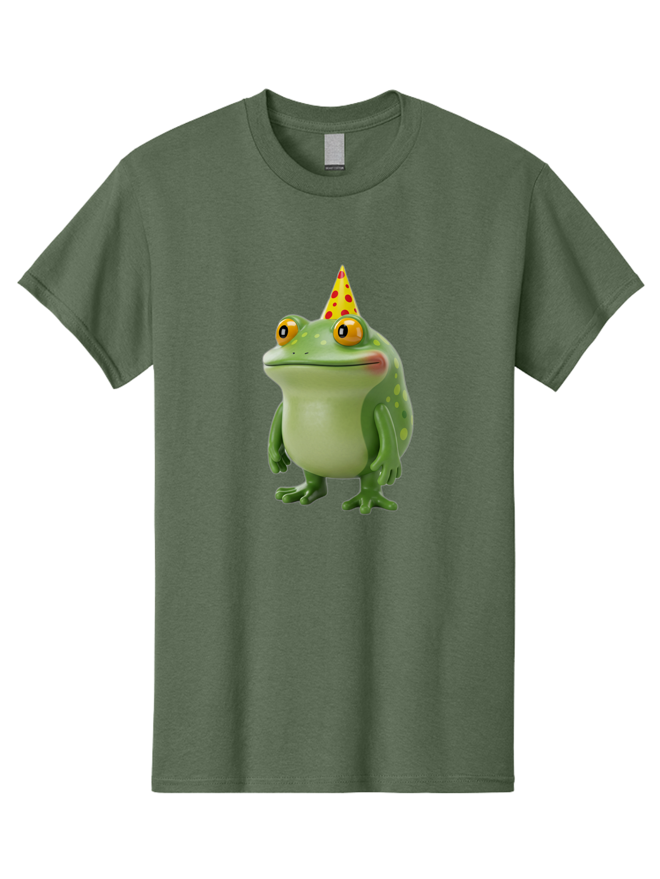 Party-Frog-Hat Men'S Graphic Tee, 100% Cotton, Comfortable Casual Summer Wear, Machine Washable, Cartoon Frog, Birthday Party, Festive Atmosphere, Yellow Party Hat, Red Polka Dots, Large Orange Eyes, Green Amphibian, Fun Celebration, Bac214