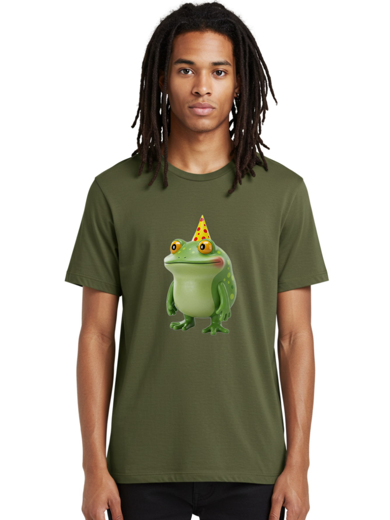 Party-Frog-Hat Men'S Graphic Tee, 100% Cotton, Comfortable Casual Summer Wear, Machine Washable, Cartoon Frog, Birthday Party, Festive Atmosphere, Yellow Party Hat, Red Polka Dots, Large Orange Eyes, Green Amphibian, Fun Celebration, Bac214
