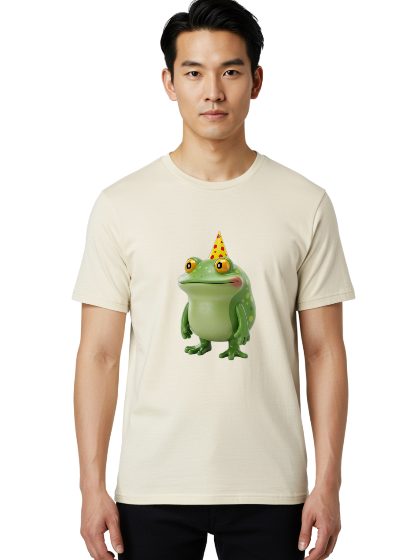 Party-Frog-Hat Men'S Graphic Tee, 100% Cotton, Comfortable Casual Summer Wear, Machine Washable, Cartoon Frog, Birthday Party, Festive Atmosphere, Yellow Party Hat, Red Polka Dots, Large Orange Eyes, Green Amphibian, Fun Celebration, Bac214