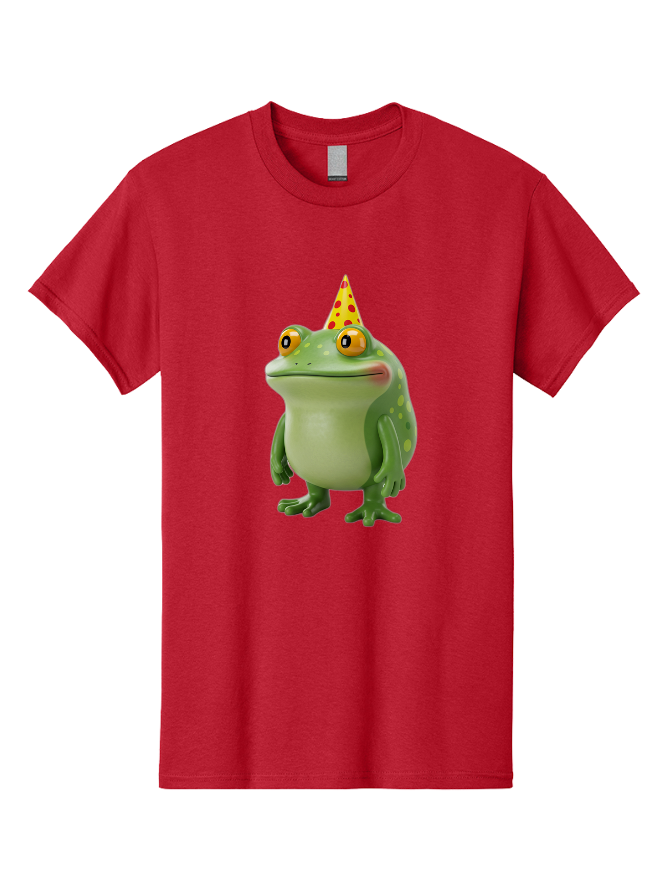 Party-Frog-Hat Men'S Graphic Tee, 100% Cotton, Comfortable Casual Summer Wear, Machine Washable, Cartoon Frog, Birthday Party, Festive Atmosphere, Yellow Party Hat, Red Polka Dots, Large Orange Eyes, Green Amphibian, Fun Celebration, Bac214
