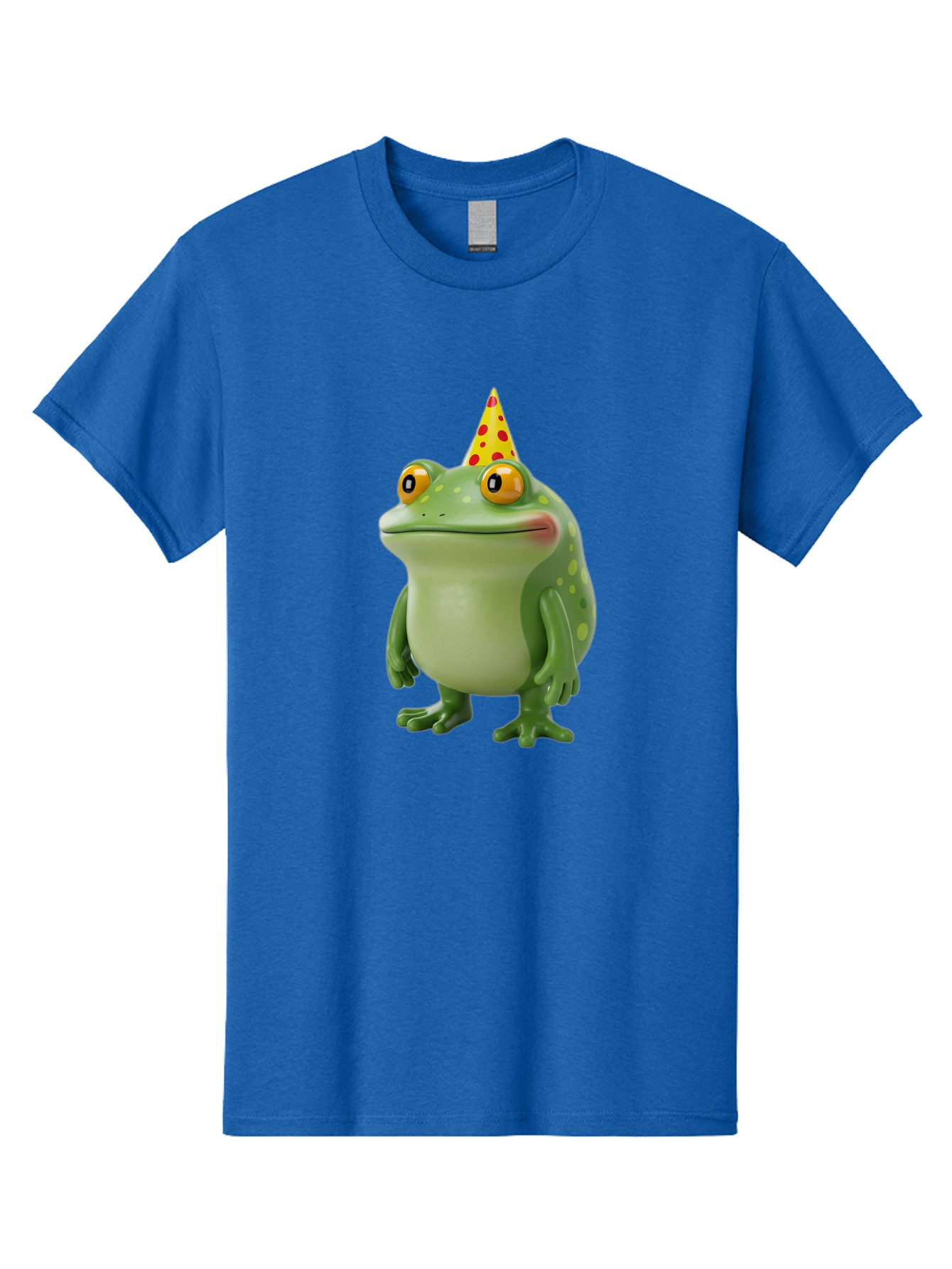 Party-Frog-Hat Men'S Graphic Tee, 100% Cotton, Comfortable Casual Summer Wear, Machine Washable, Cartoon Frog, Birthday Party, Festive Atmosphere, Yellow Party Hat, Red Polka Dots, Large Orange Eyes, Green Amphibian, Fun Celebration, Bac214