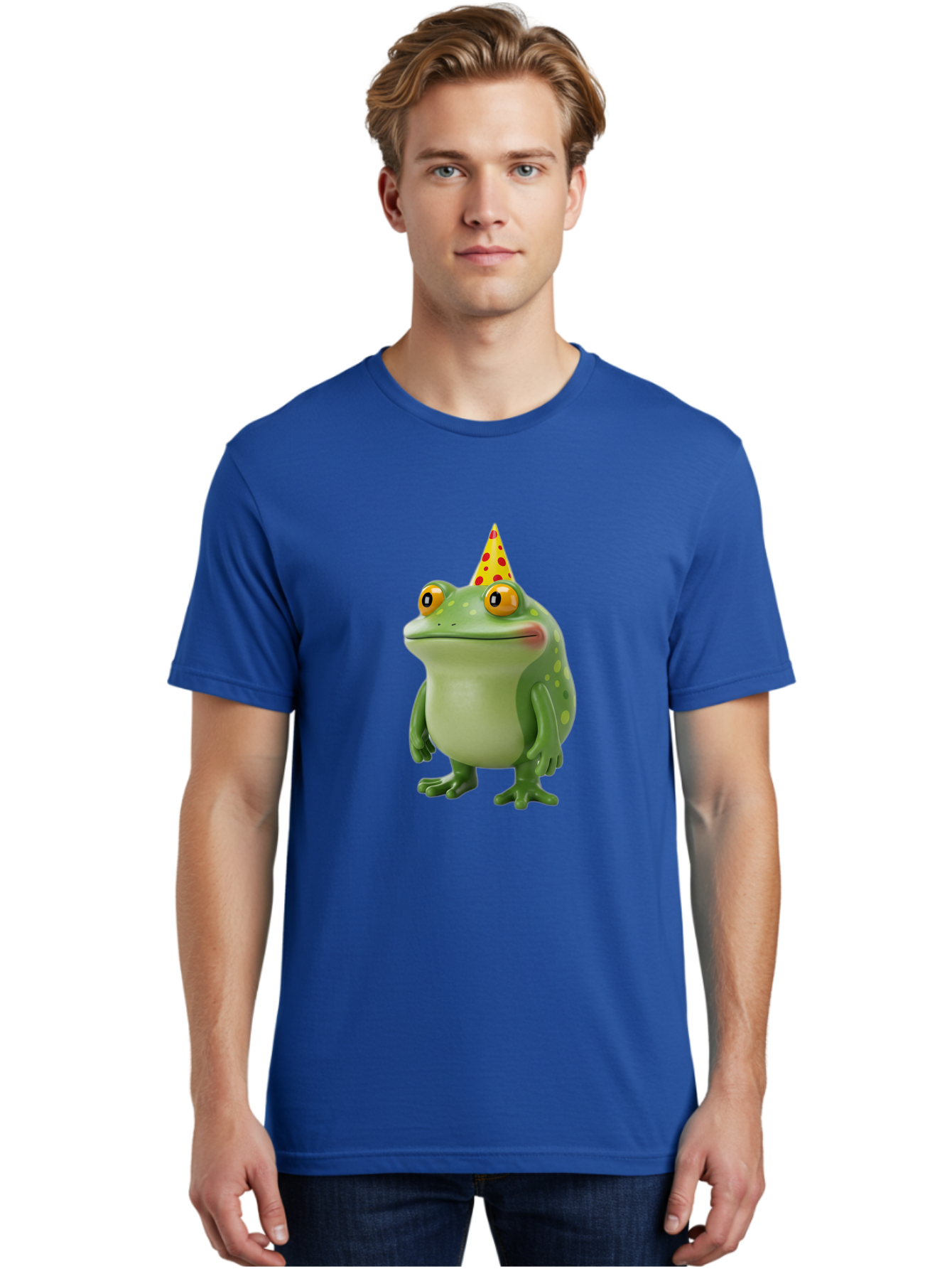 Party-Frog-Hat Men'S Graphic Tee, 100% Cotton, Comfortable Casual Summer Wear, Machine Washable, Cartoon Frog, Birthday Party, Festive Atmosphere, Yellow Party Hat, Red Polka Dots, Large Orange Eyes, Green Amphibian, Fun Celebration, Bac214