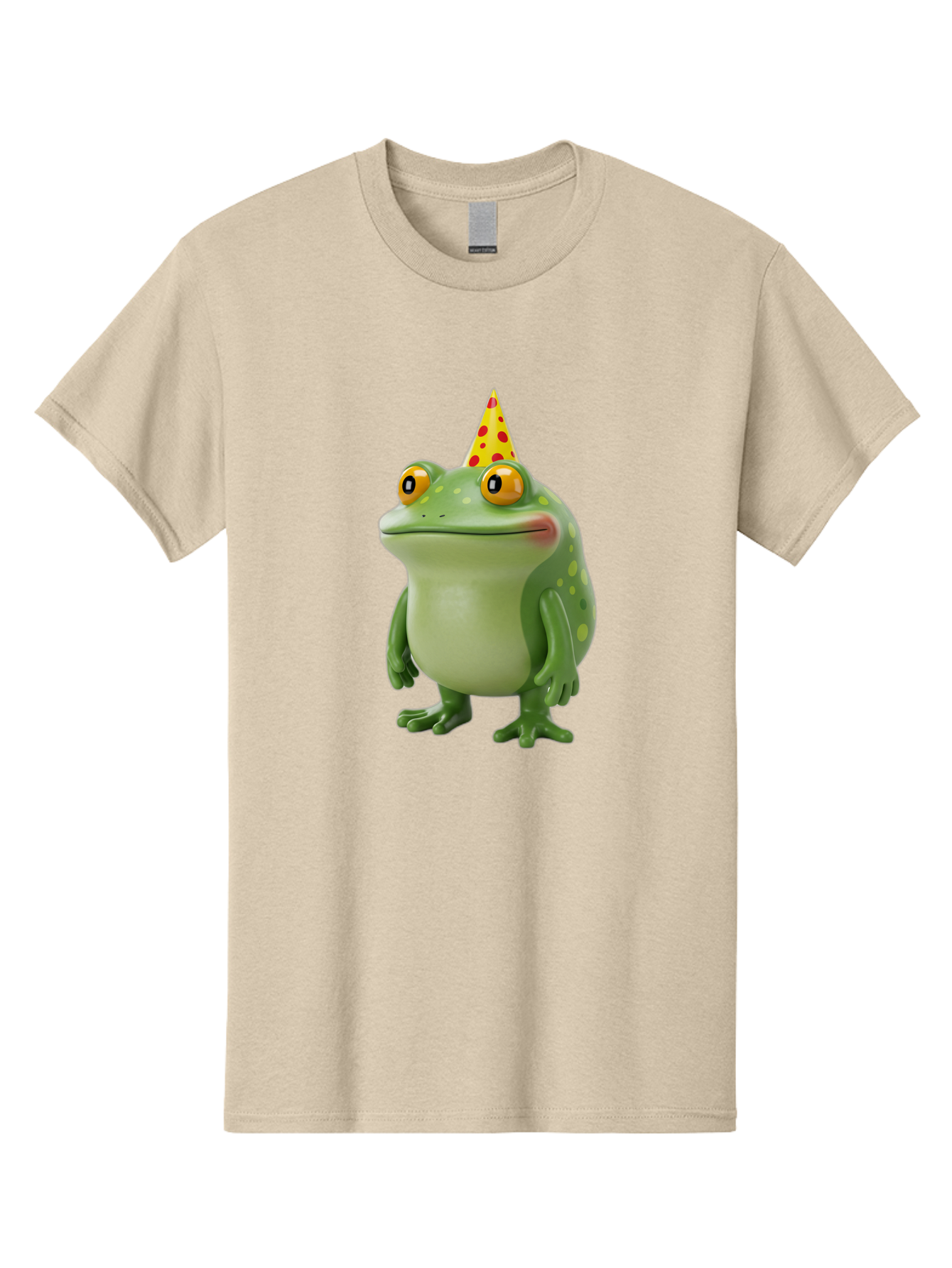 Party-Frog-Hat Men'S Graphic Tee, 100% Cotton, Comfortable Casual Summer Wear, Machine Washable, Cartoon Frog, Birthday Party, Festive Atmosphere, Yellow Party Hat, Red Polka Dots, Large Orange Eyes, Green Amphibian, Fun Celebration, Bac214