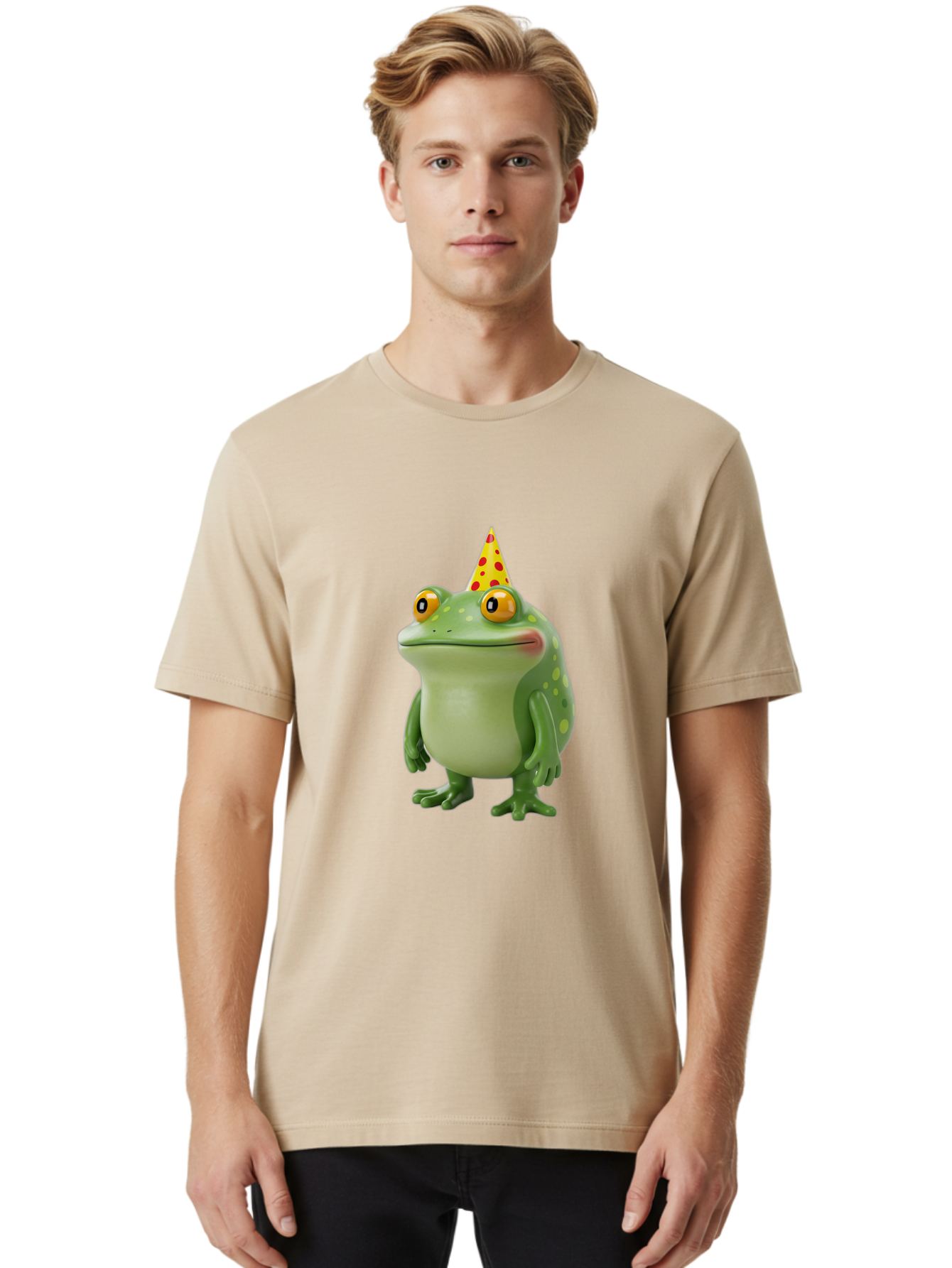 Party-Frog-Hat Men'S Graphic Tee, 100% Cotton, Comfortable Casual Summer Wear, Machine Washable, Cartoon Frog, Birthday Party, Festive Atmosphere, Yellow Party Hat, Red Polka Dots, Large Orange Eyes, Green Amphibian, Fun Celebration, Bac214