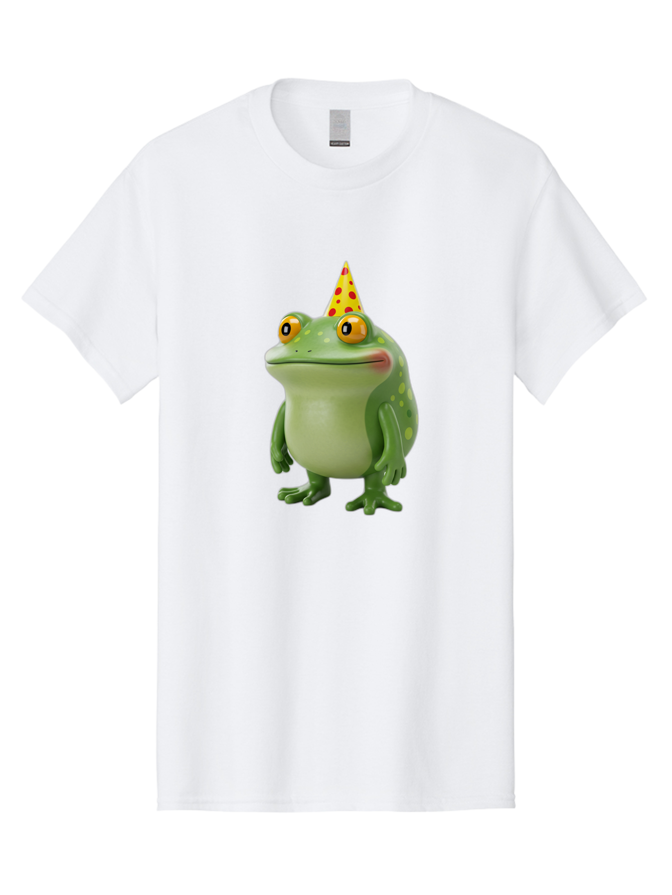 Party-Frog-Hat Men'S Graphic Tee, 100% Cotton, Comfortable Casual Summer Wear, Machine Washable, Cartoon Frog, Birthday Party, Festive Atmosphere, Yellow Party Hat, Red Polka Dots, Large Orange Eyes, Green Amphibian, Fun Celebration, Bac214