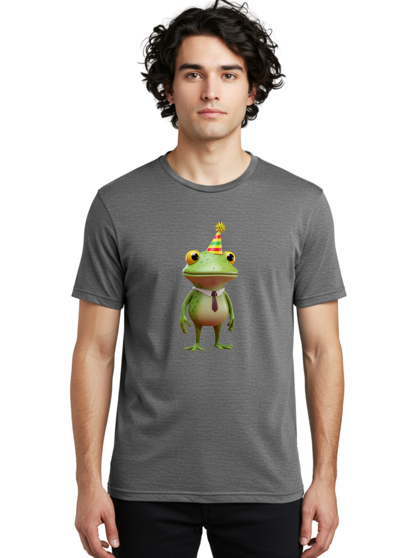 Party-Frog Men'S Graphic Tee, 100% Cotton, Comfortable Casual Summer Wear, Machine Washable, Funny Cartoon Frog, Party Hat, Festive Atmosphere, Celebration Mode, Comical Character, Animated Creature, Joyful Expression, Playful Vibe, Bac215