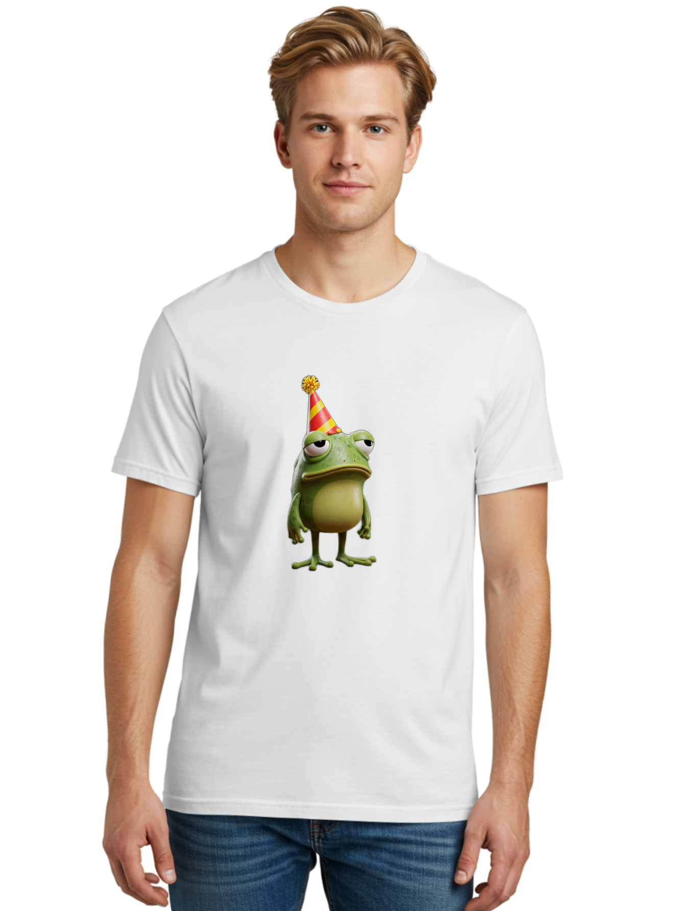 Pepe-The-Frog-Party-Hat Men'S Graphic Tee, 100% Cotton, Comfortable Casual Summer Wear, Machine Washable, Pepe The Frog, Party Hat, Frog Meme, Cartoon Character, Celebration, Funny, Meme Culture, Pepe, Sad Frog Bac218