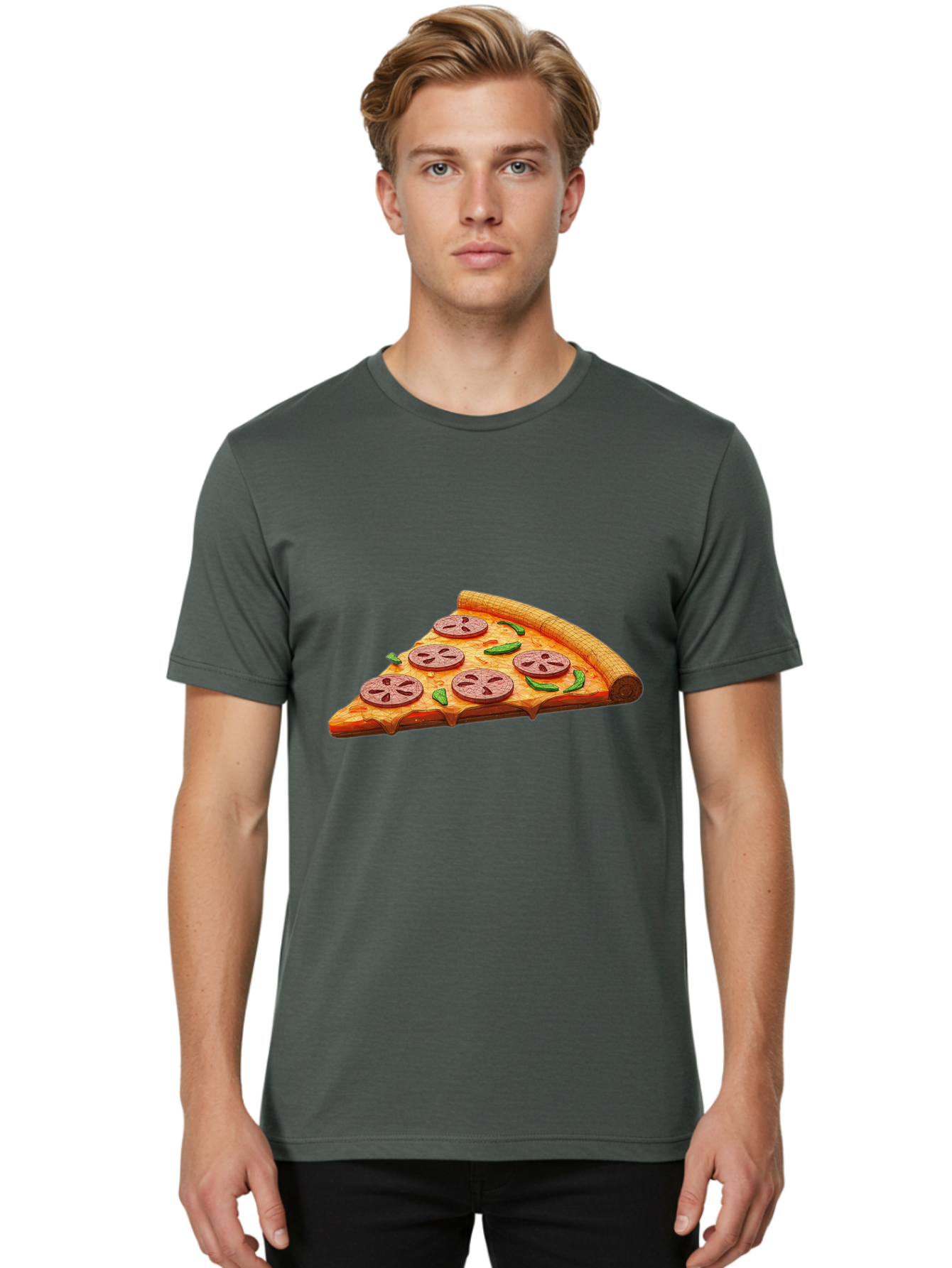 Pepperoni-Pizza-Slice-1 Men'S Graphic Tee, 100% Cotton, Comfortable Casual Summer Wear, Machine Washable, Pepperoni Pizza Slice, Melted Cheese, Pepperoni Slices, Jalapeno Peppers, Cartoon-Style Pizza, Food Illustration, Savory Treat Bac219