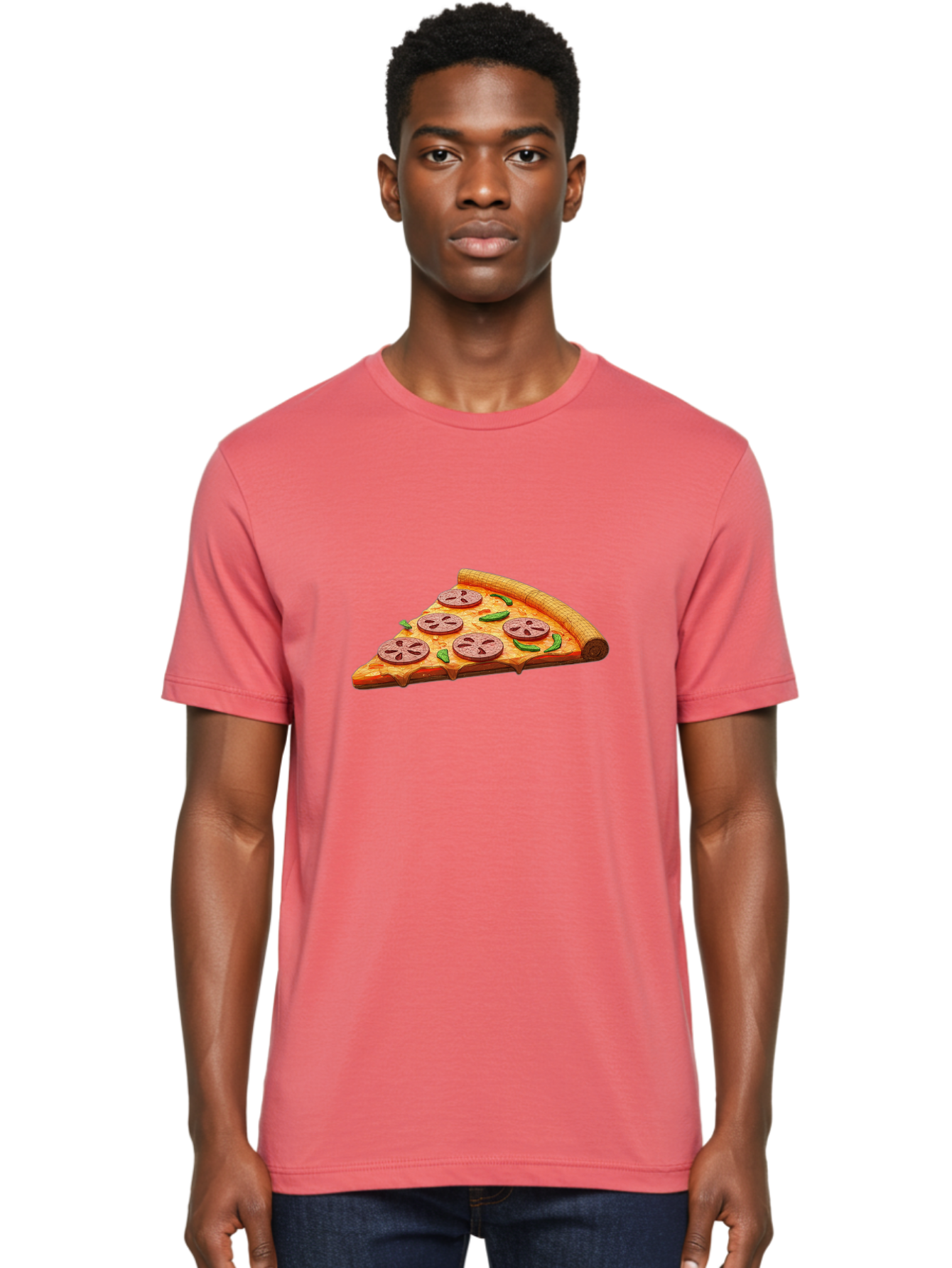 Pepperoni-Pizza-Slice-1 Men'S Graphic Tee, 100% Cotton, Comfortable Casual Summer Wear, Machine Washable, Pepperoni Pizza Slice, Melted Cheese, Pepperoni Slices, Jalapeno Peppers, Cartoon-Style Pizza, Food Illustration, Savory Treat Bac219