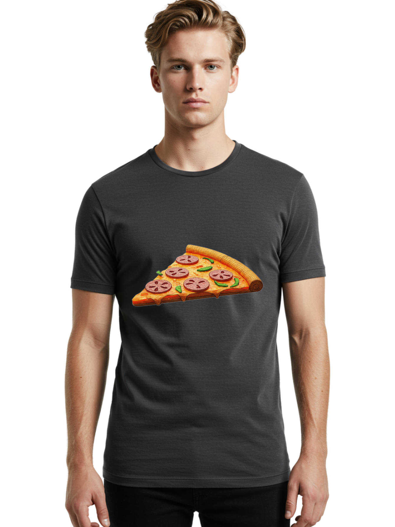 Pepperoni-Pizza-Slice-1 Men'S Graphic Tee, 100% Cotton, Comfortable Casual Summer Wear, Machine Washable, Pepperoni Pizza Slice, Melted Cheese, Pepperoni Slices, Jalapeno Peppers, Cartoon-Style Pizza, Food Illustration, Savory Treat Bac219