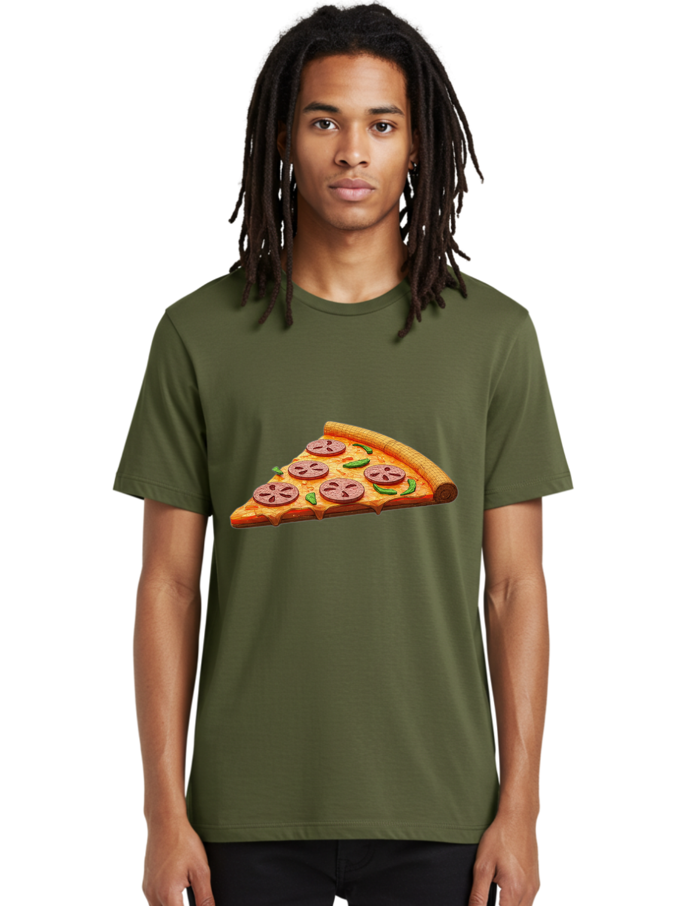 Pepperoni-Pizza-Slice-1 Men'S Graphic Tee, 100% Cotton, Comfortable Casual Summer Wear, Machine Washable, Pepperoni Pizza Slice, Melted Cheese, Pepperoni Slices, Jalapeno Peppers, Cartoon-Style Pizza, Food Illustration, Savory Treat Bac219