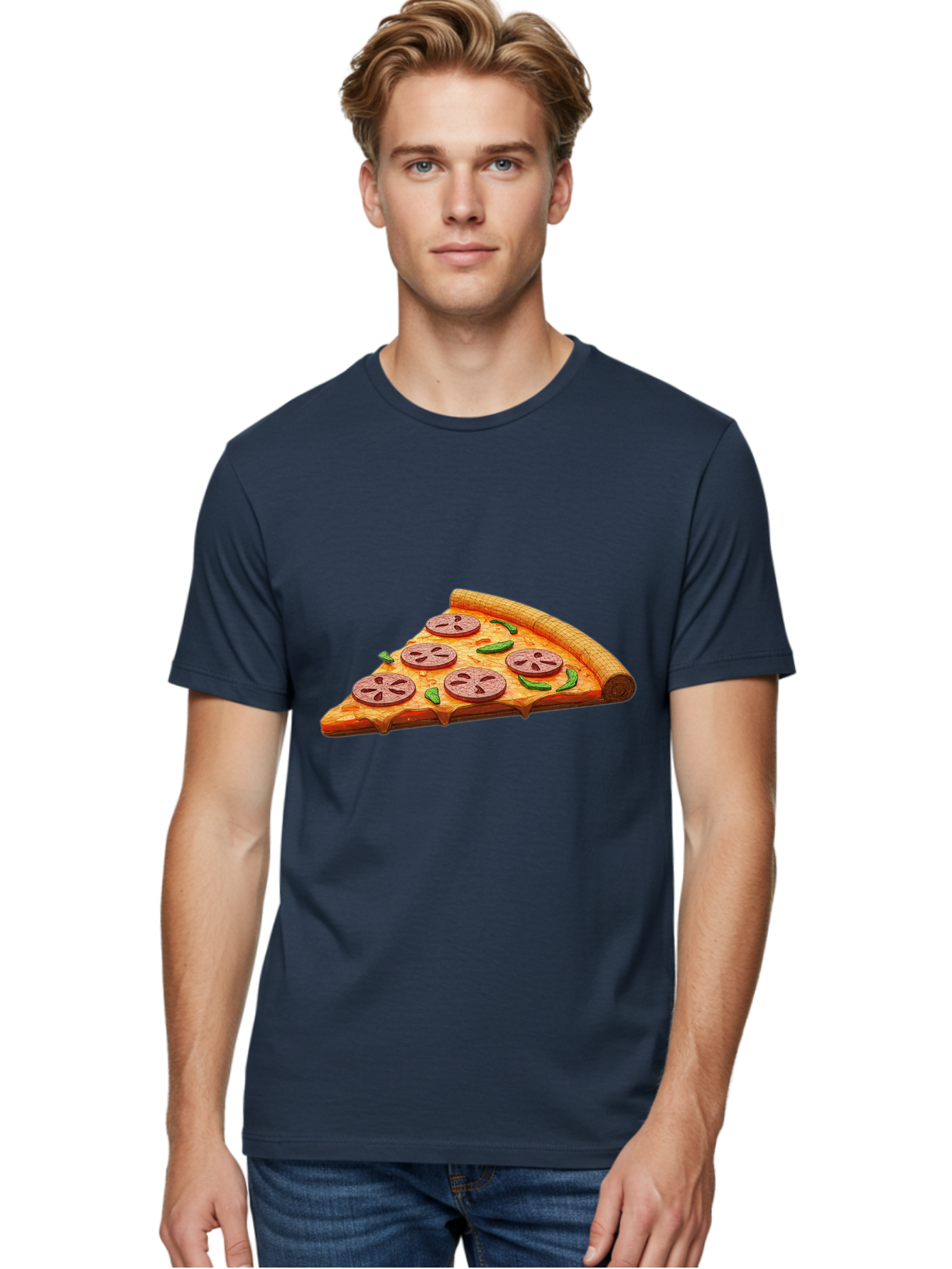 Pepperoni-Pizza-Slice-1 Men'S Graphic Tee, 100% Cotton, Comfortable Casual Summer Wear, Machine Washable, Pepperoni Pizza Slice, Melted Cheese, Pepperoni Slices, Jalapeno Peppers, Cartoon-Style Pizza, Food Illustration, Savory Treat Bac219