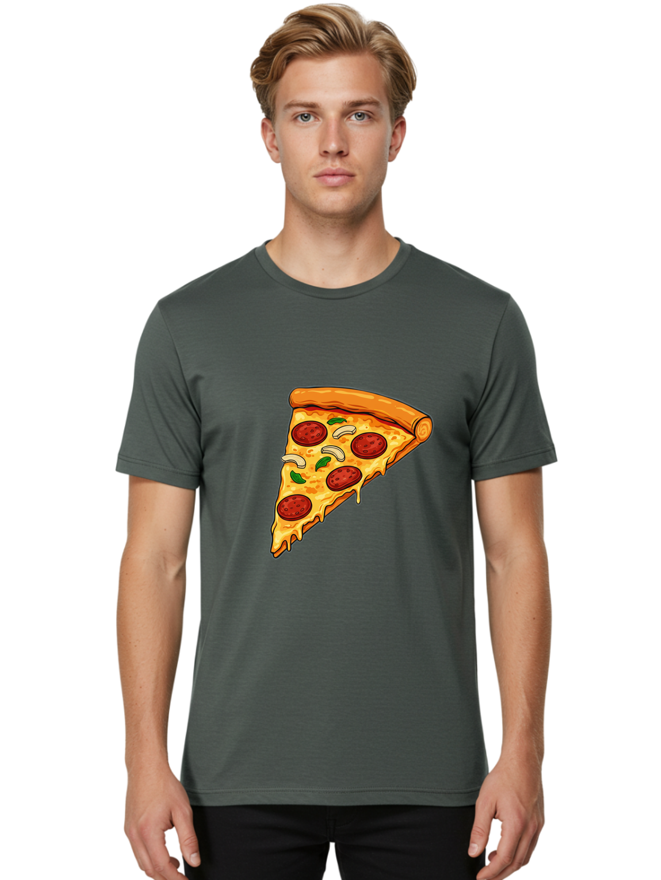Pepperoni-Pizza-Slice-13 Men'S Graphic Tee, 100% Cotton, Comfortable Casual Summer Wear, Machine Washable, Cheesy Pizza Slice, Pepperoni Pizza, Melting Cheese, Crusty Edge, Fresh Basil Leaves, Savory Toppings, Italian Cuisine, Delicious Food, Bac223