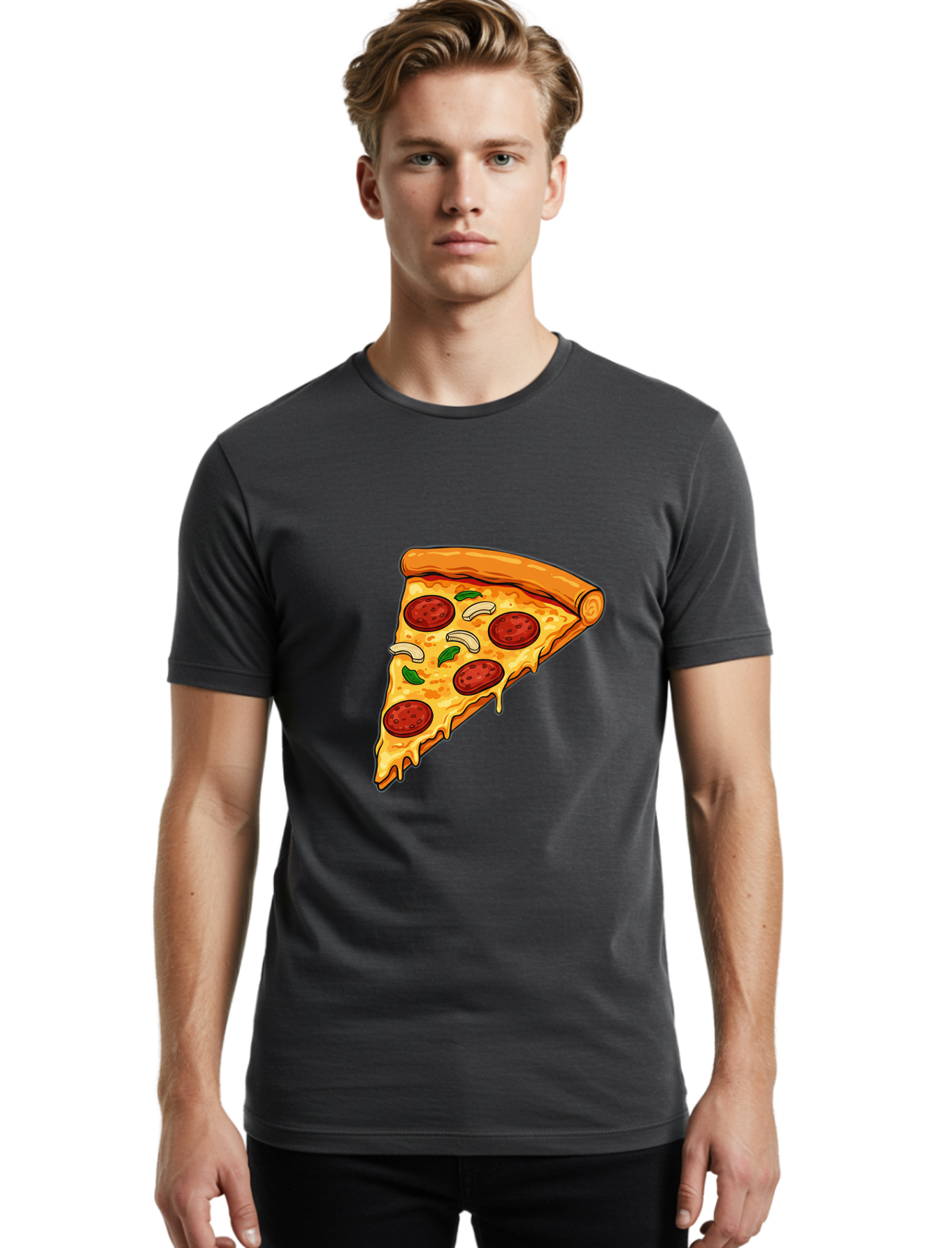 Pepperoni-Pizza-Slice-13 Men'S Graphic Tee, 100% Cotton, Comfortable Casual Summer Wear, Machine Washable, Cheesy Pizza Slice, Pepperoni Pizza, Melting Cheese, Crusty Edge, Fresh Basil Leaves, Savory Toppings, Italian Cuisine, Delicious Food, Bac223
