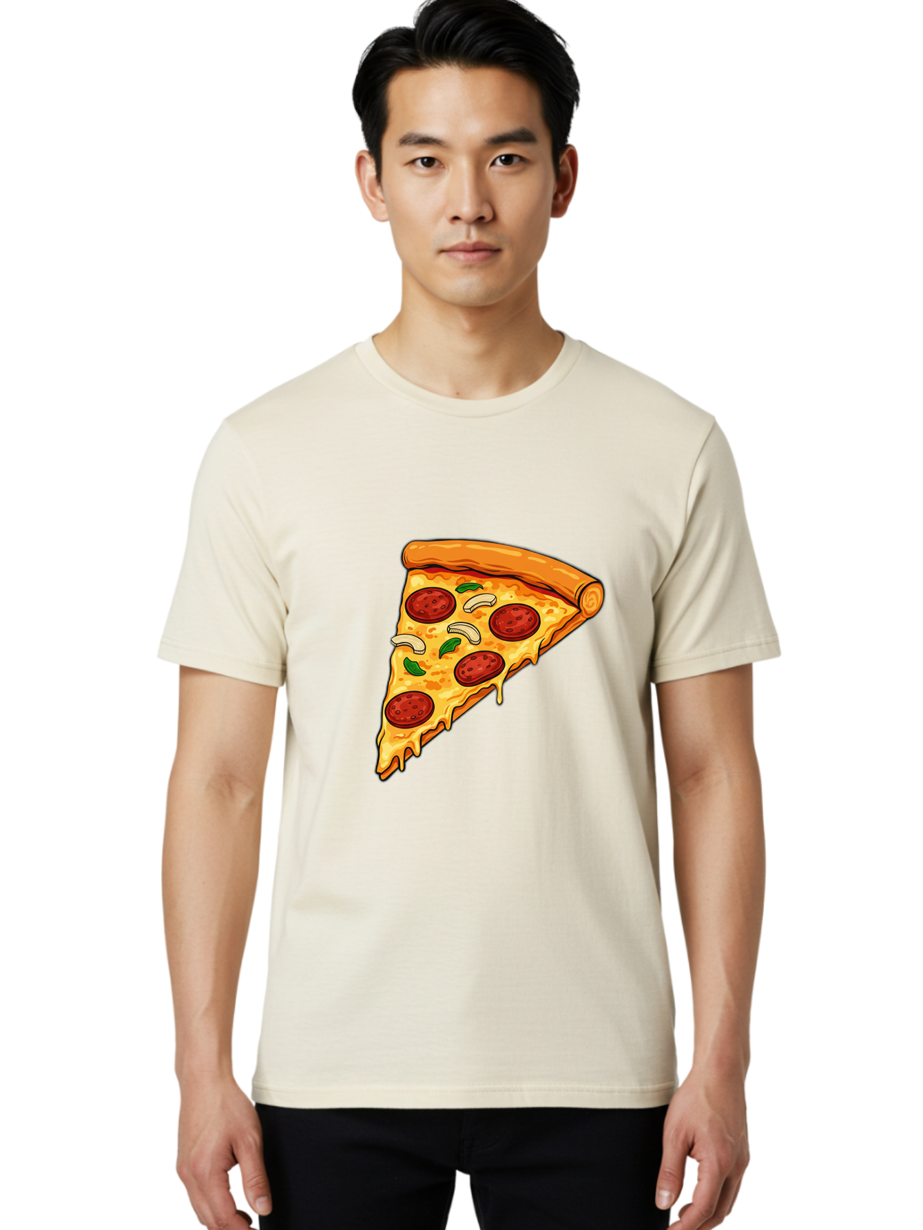 Pepperoni-Pizza-Slice-13 Men'S Graphic Tee, 100% Cotton, Comfortable Casual Summer Wear, Machine Washable, Cheesy Pizza Slice, Pepperoni Pizza, Melting Cheese, Crusty Edge, Fresh Basil Leaves, Savory Toppings, Italian Cuisine, Delicious Food, Bac223