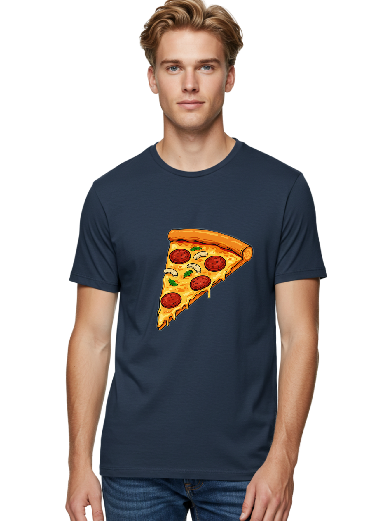Pepperoni-Pizza-Slice-13 Men'S Graphic Tee, 100% Cotton, Comfortable Casual Summer Wear, Machine Washable, Cheesy Pizza Slice, Pepperoni Pizza, Melting Cheese, Crusty Edge, Fresh Basil Leaves, Savory Toppings, Italian Cuisine, Delicious Food, Bac223