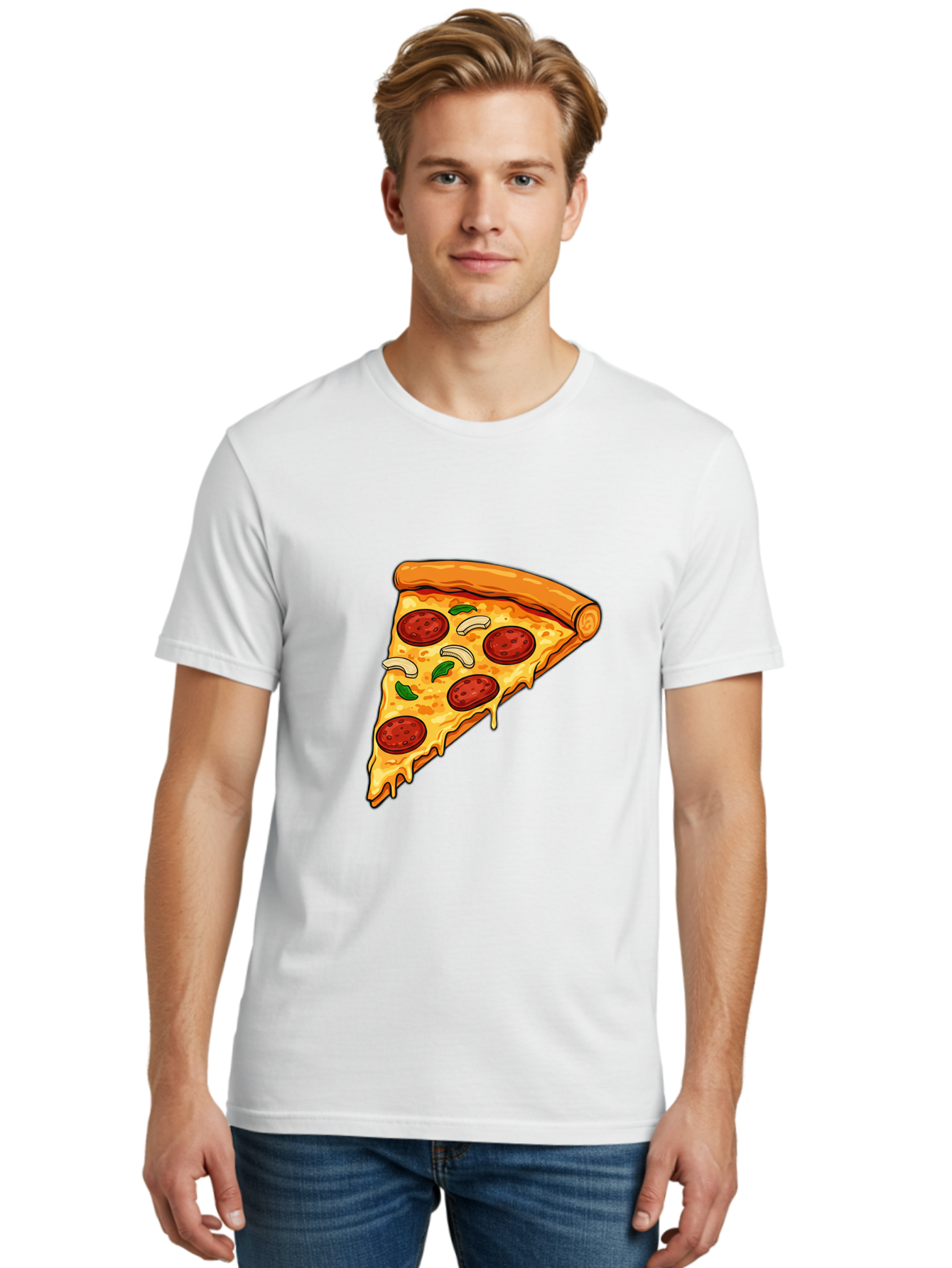 Pepperoni-Pizza-Slice-13 Men'S Graphic Tee, 100% Cotton, Comfortable Casual Summer Wear, Machine Washable, Cheesy Pizza Slice, Pepperoni Pizza, Melting Cheese, Crusty Edge, Fresh Basil Leaves, Savory Toppings, Italian Cuisine, Delicious Food, Bac223